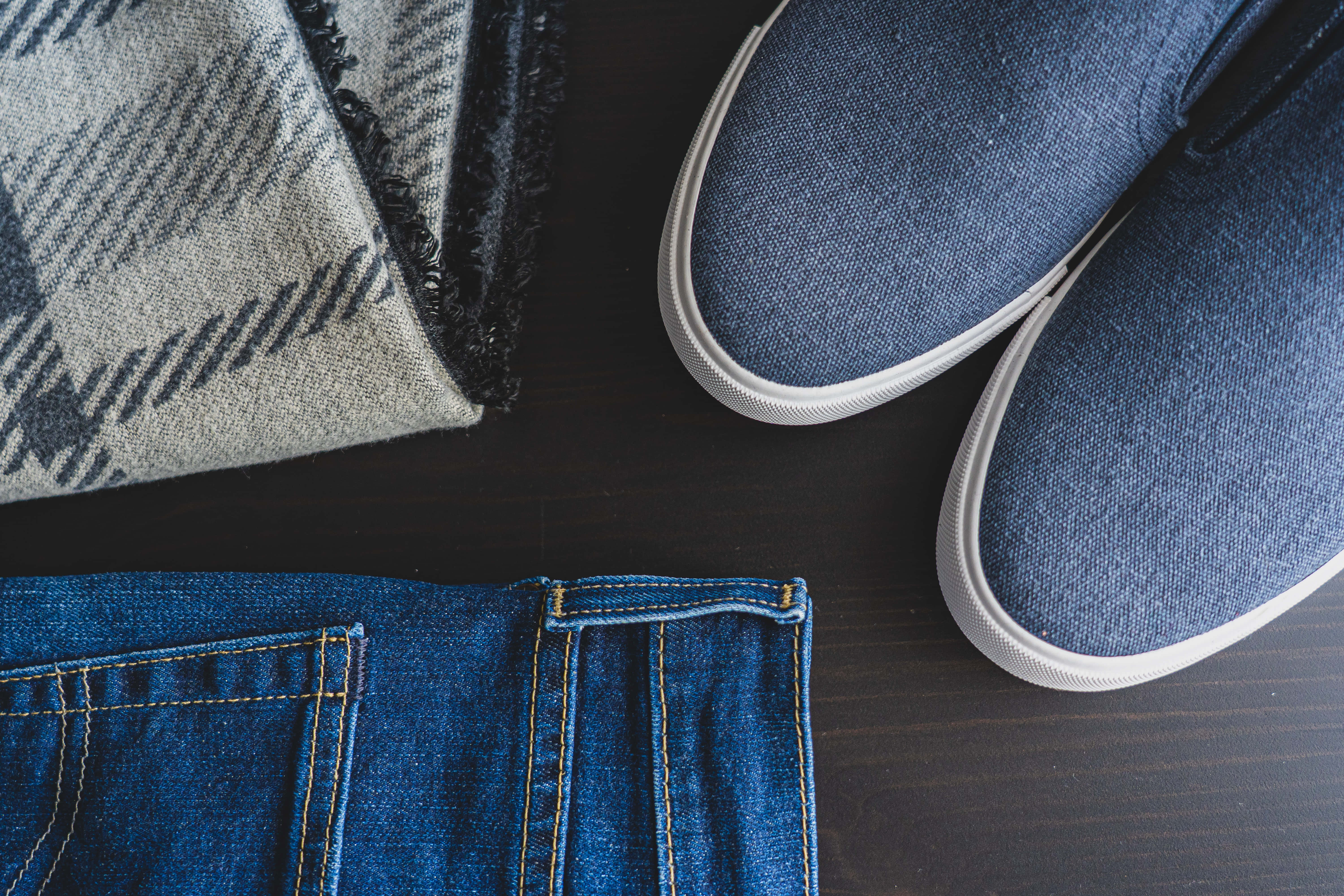 navy blue shoes, denim slip-on shoes, blue denim jeans, 5K Desktop Wallpaper