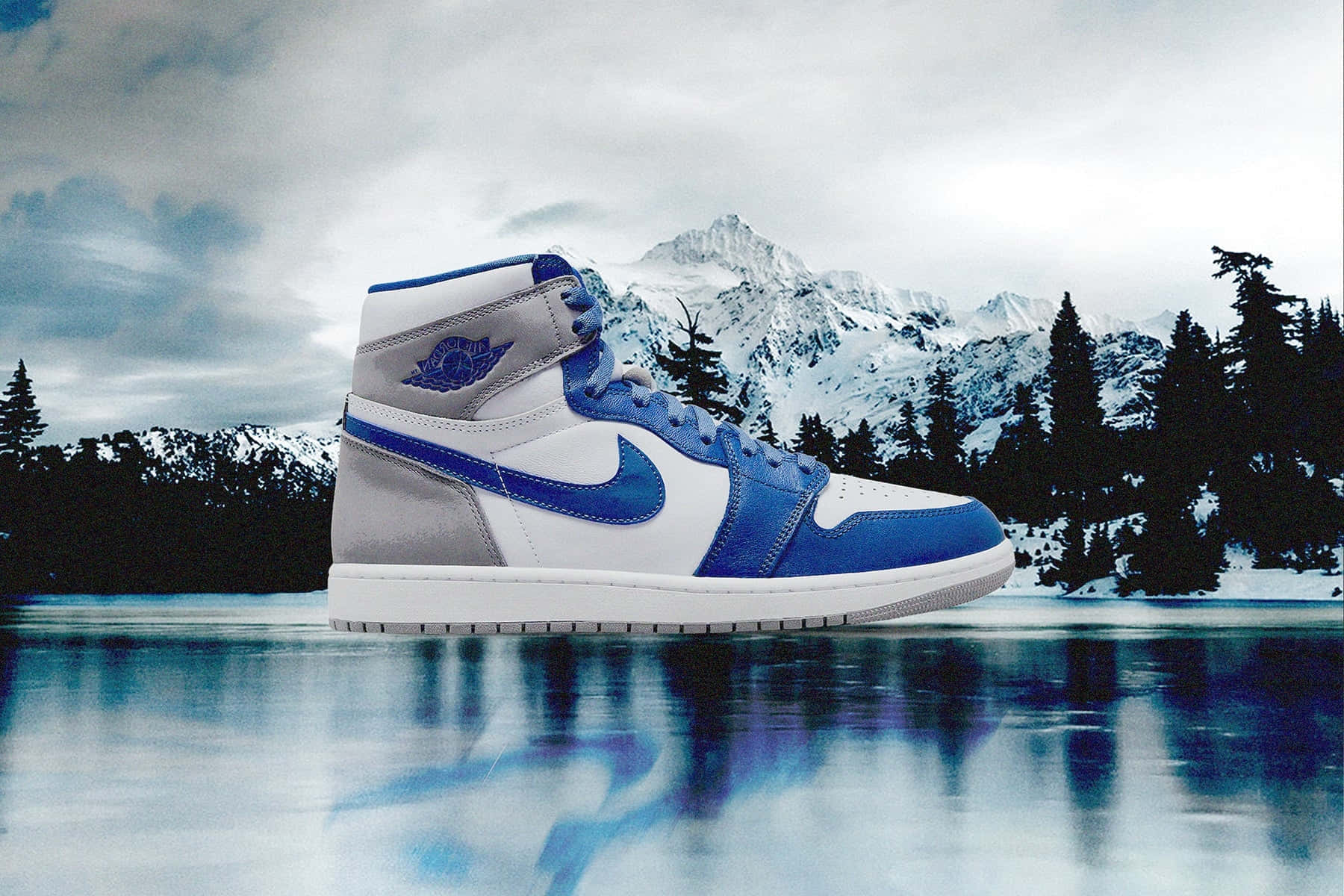 blue and white high-top sneaker, snowy mountain lake, pine trees, HD Desktop Wallpaper