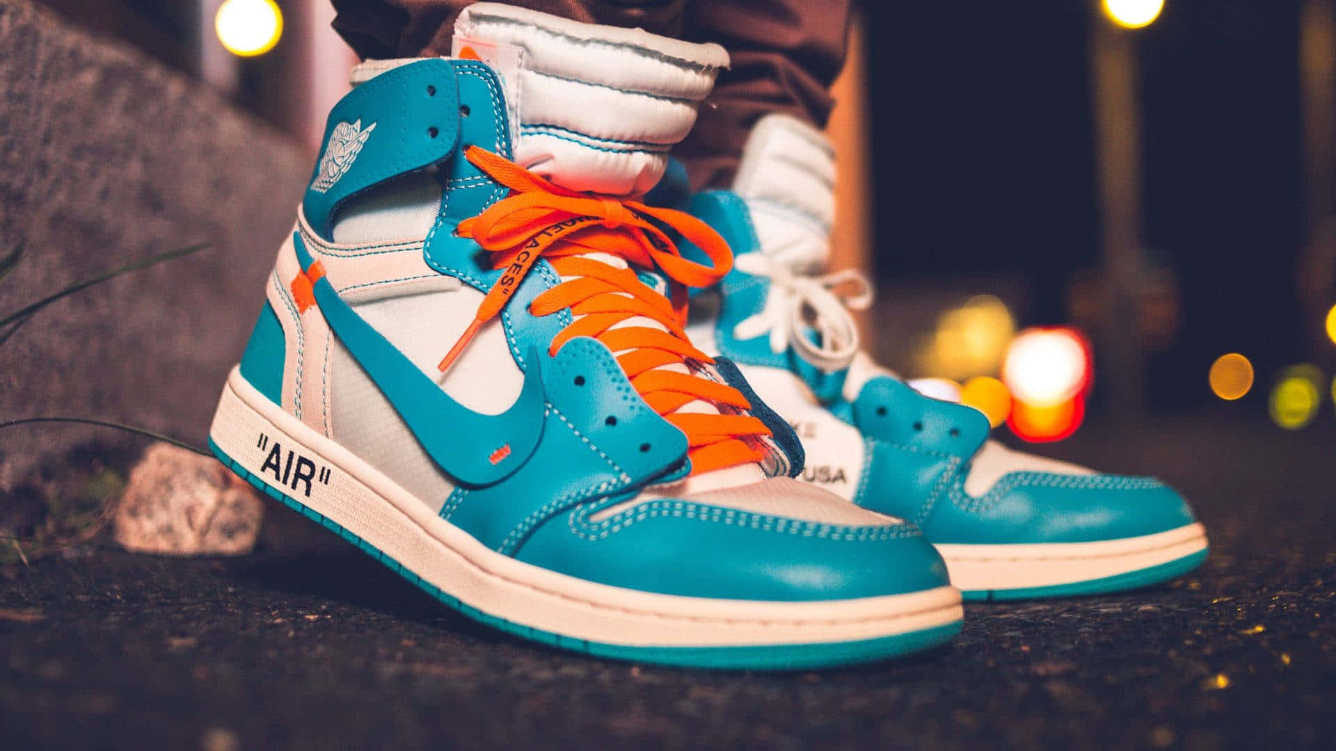 turquoise and white high-top sneakers, orange laces, dark pavement, Full HD Desktop Wallpaper
