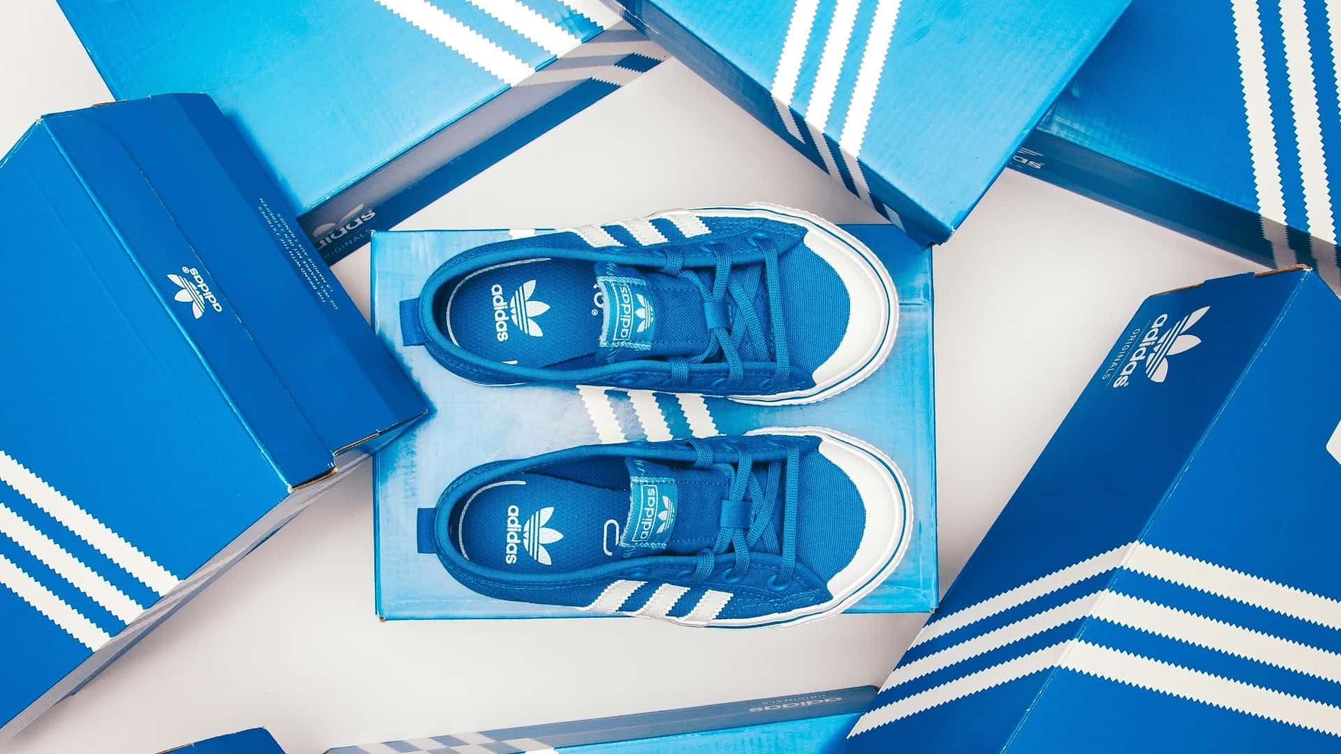 blue adidas sneakers, adidas shoeboxes, white stripes, Full HD Desktop Wallpaper