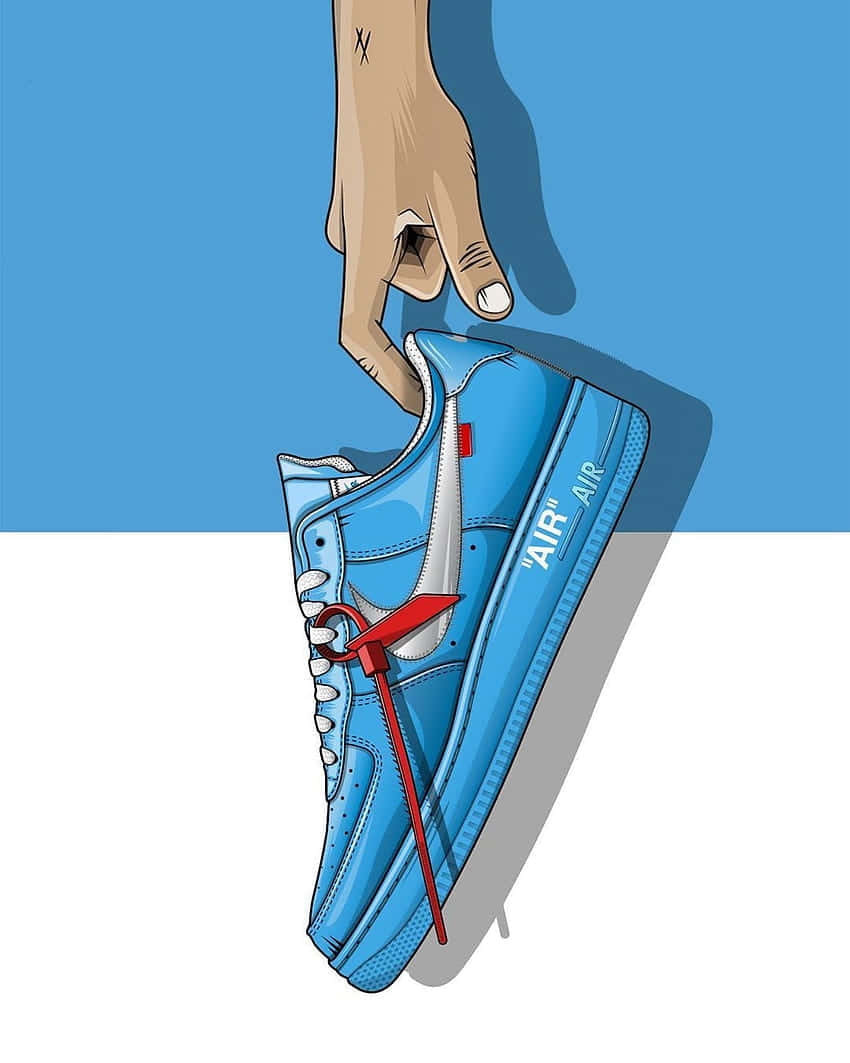 blue sneaker, red laces, blue and white background, SD Phone Wallpaper