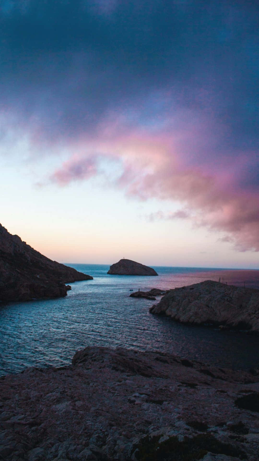 blue sky aesthetic, rocky coastal cove, twilight, Full HD Phone Wallpaper