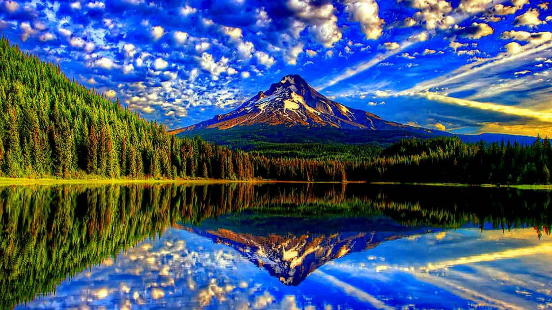 snow-capped mountain, calm lake, dense evergreen forests, Full HD Desktop Wallpaper