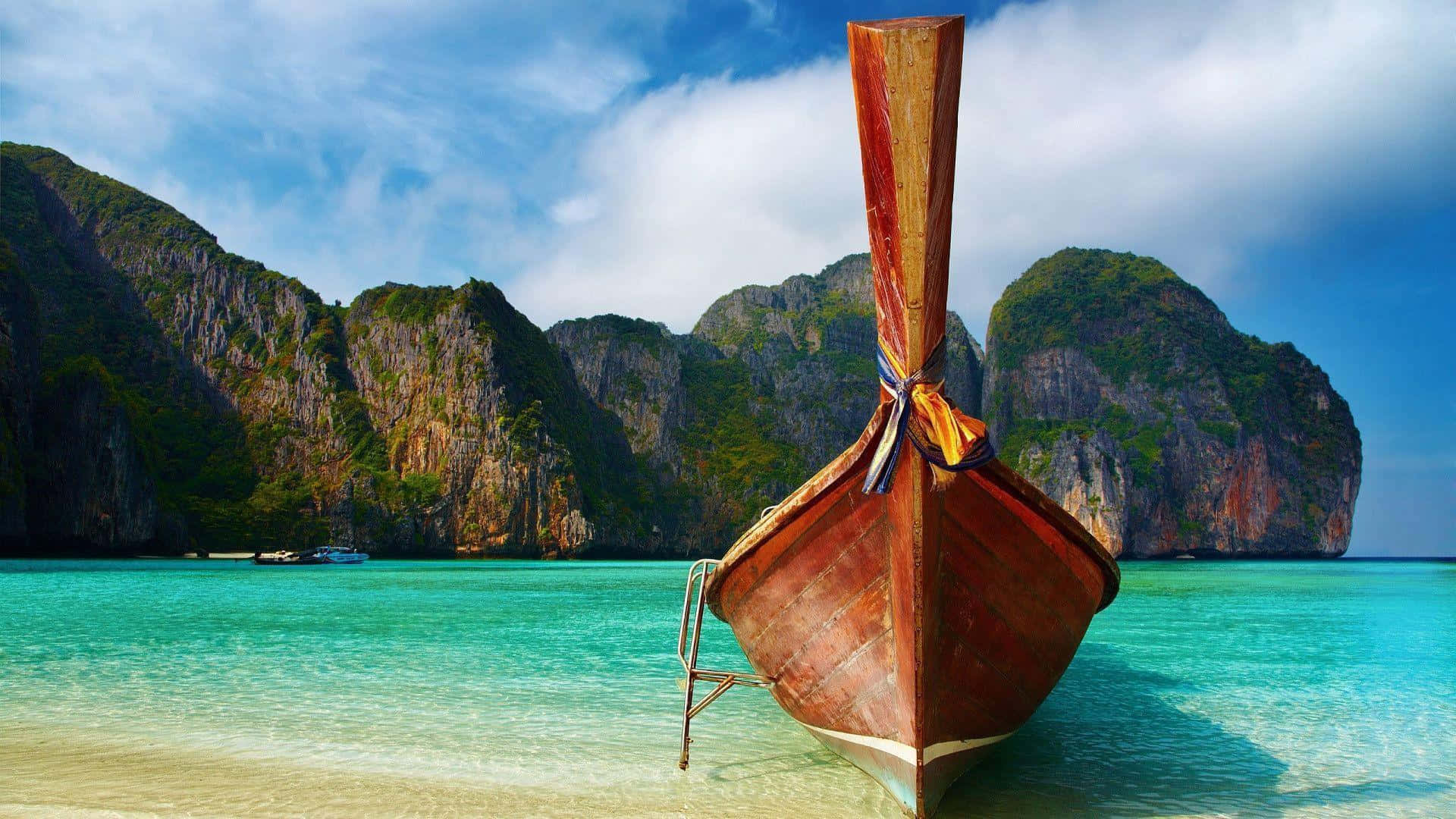 traditional wooden longtail boat, pristine sandy beach, turquoise waters, Full HD Desktop Wallpaper