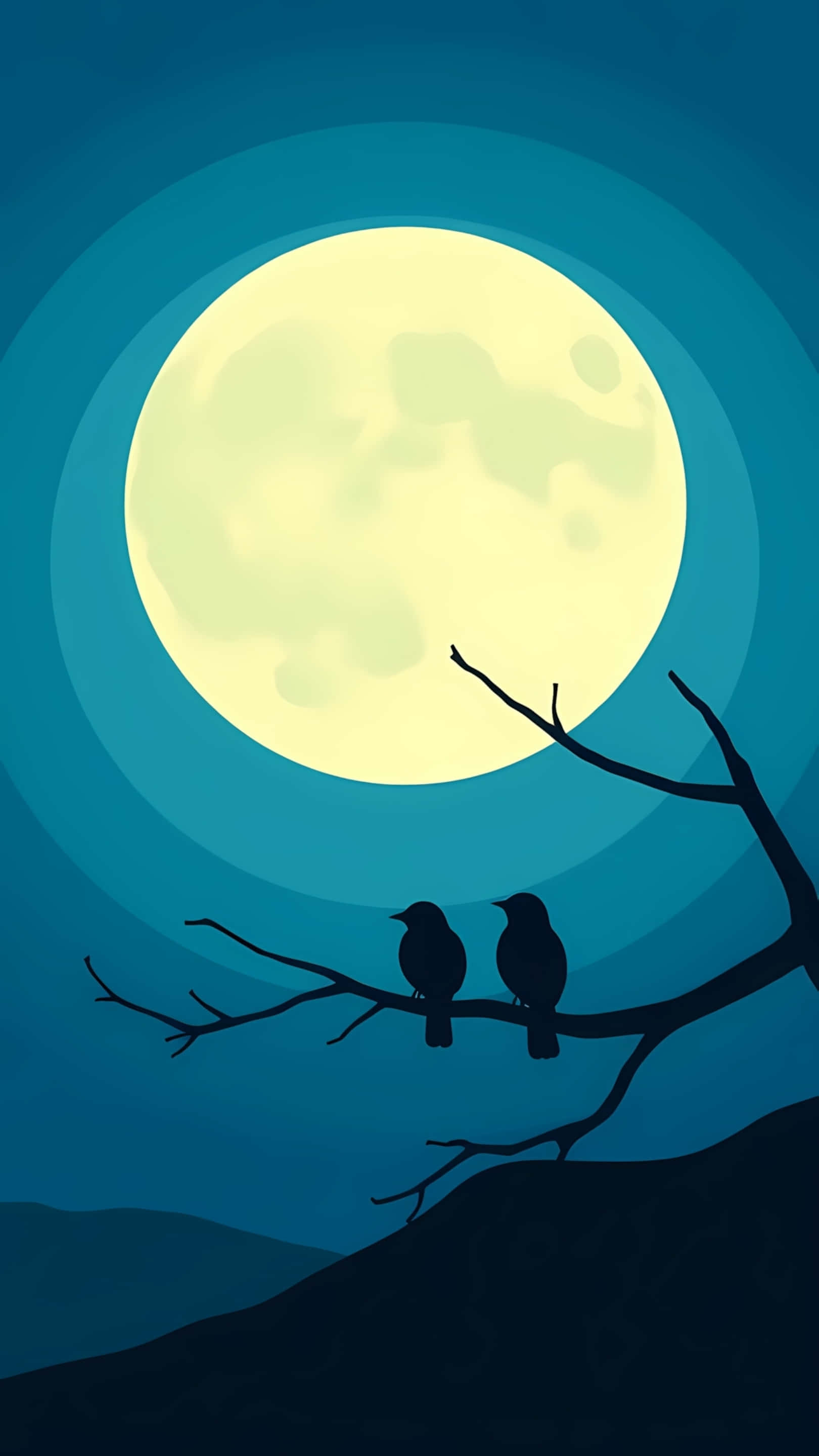 full moon, deep blue night sky, bare branch, 2K Phone Wallpaper