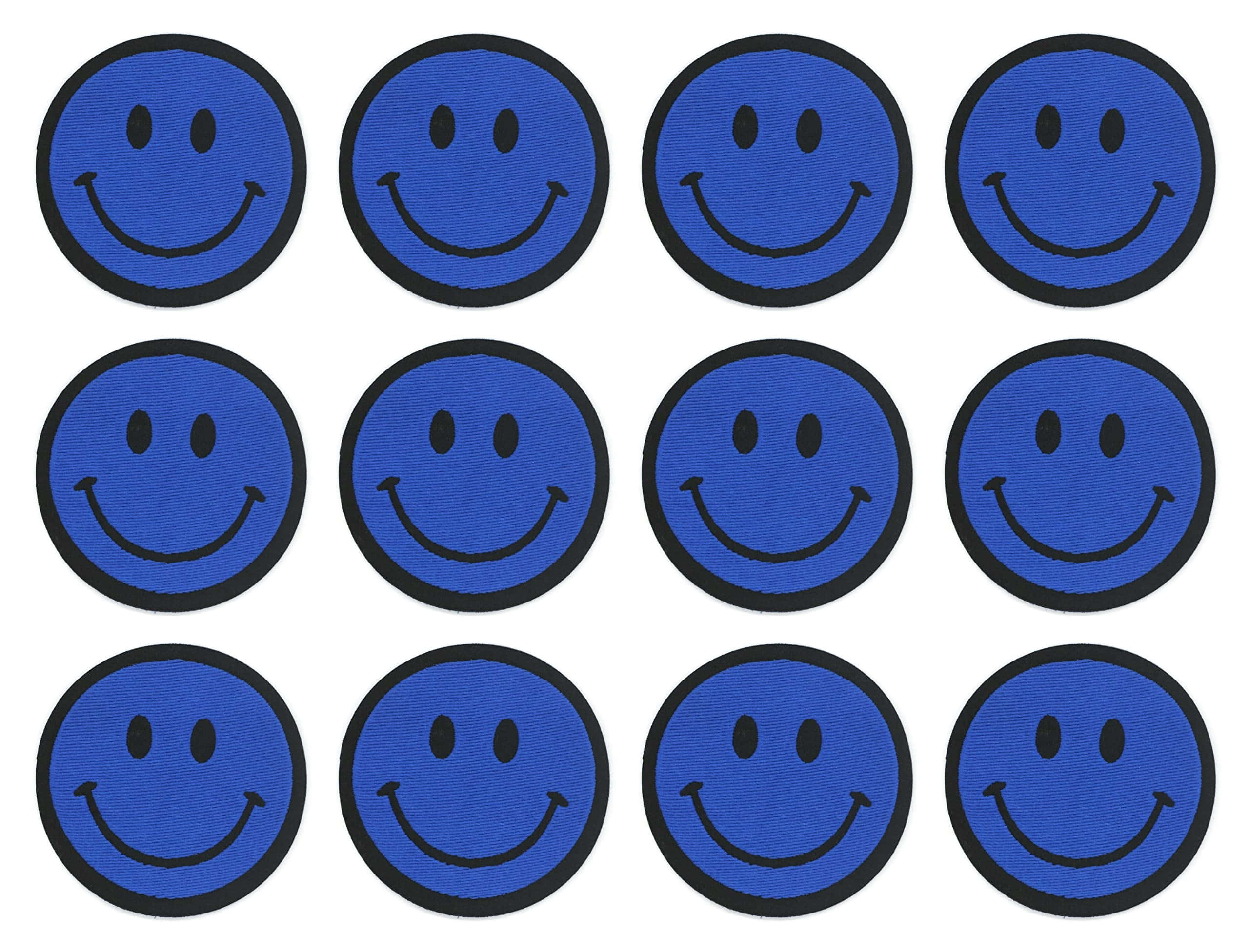 blue embroidered smiley face patches, black outlines, white background, 2K Desktop Wallpaper