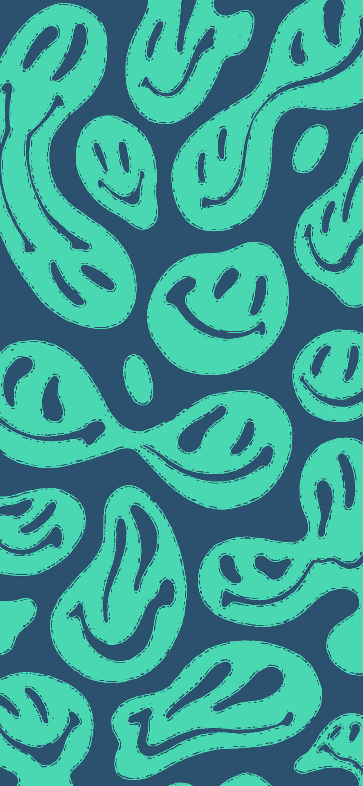 teal smiling faces, stitched outlines, dark blue background, 2K Phone Wallpaper
