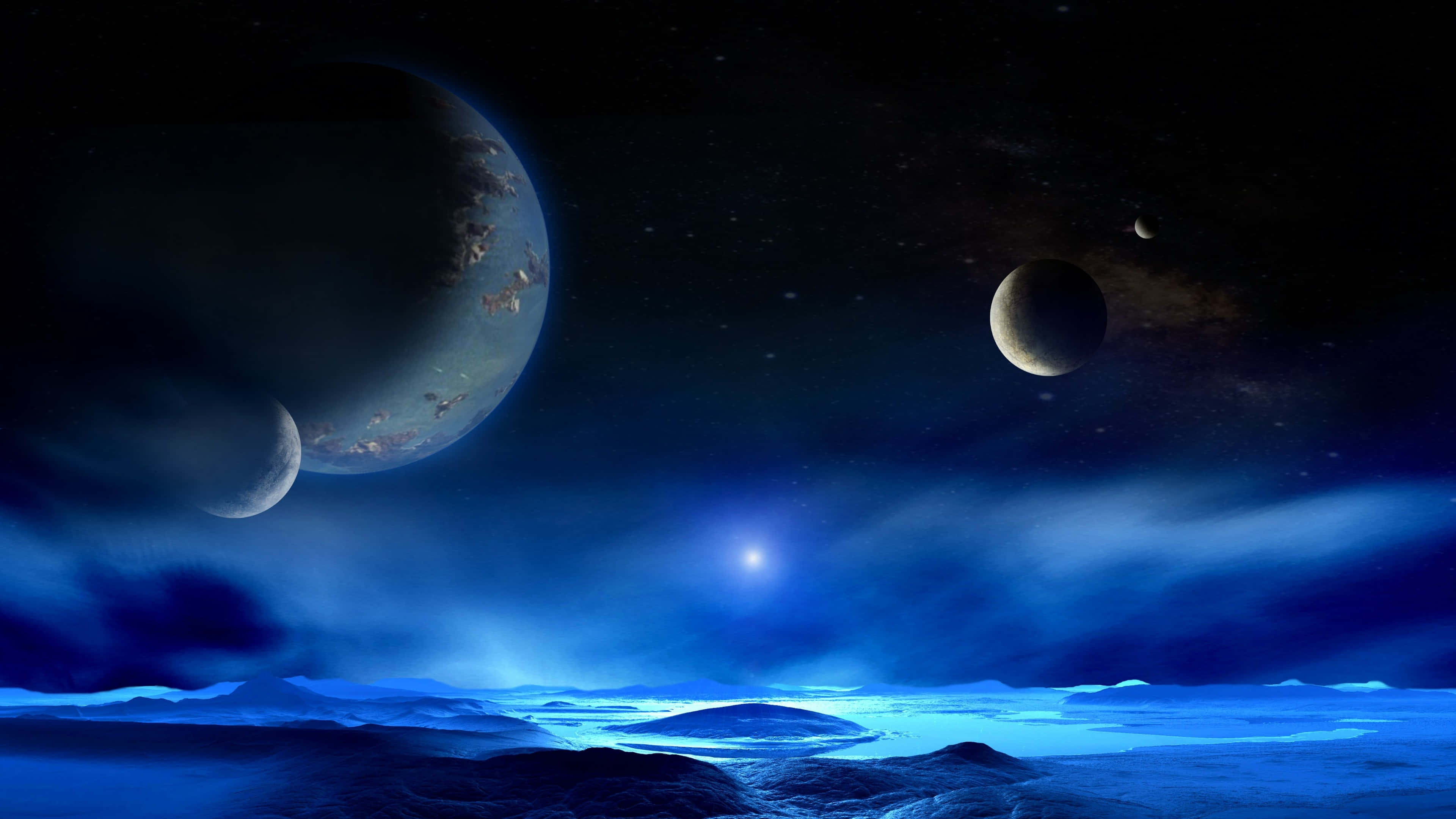 Mystical Blue Planetary View, deep blue light, three planets, 4K Desktop Wallpaper