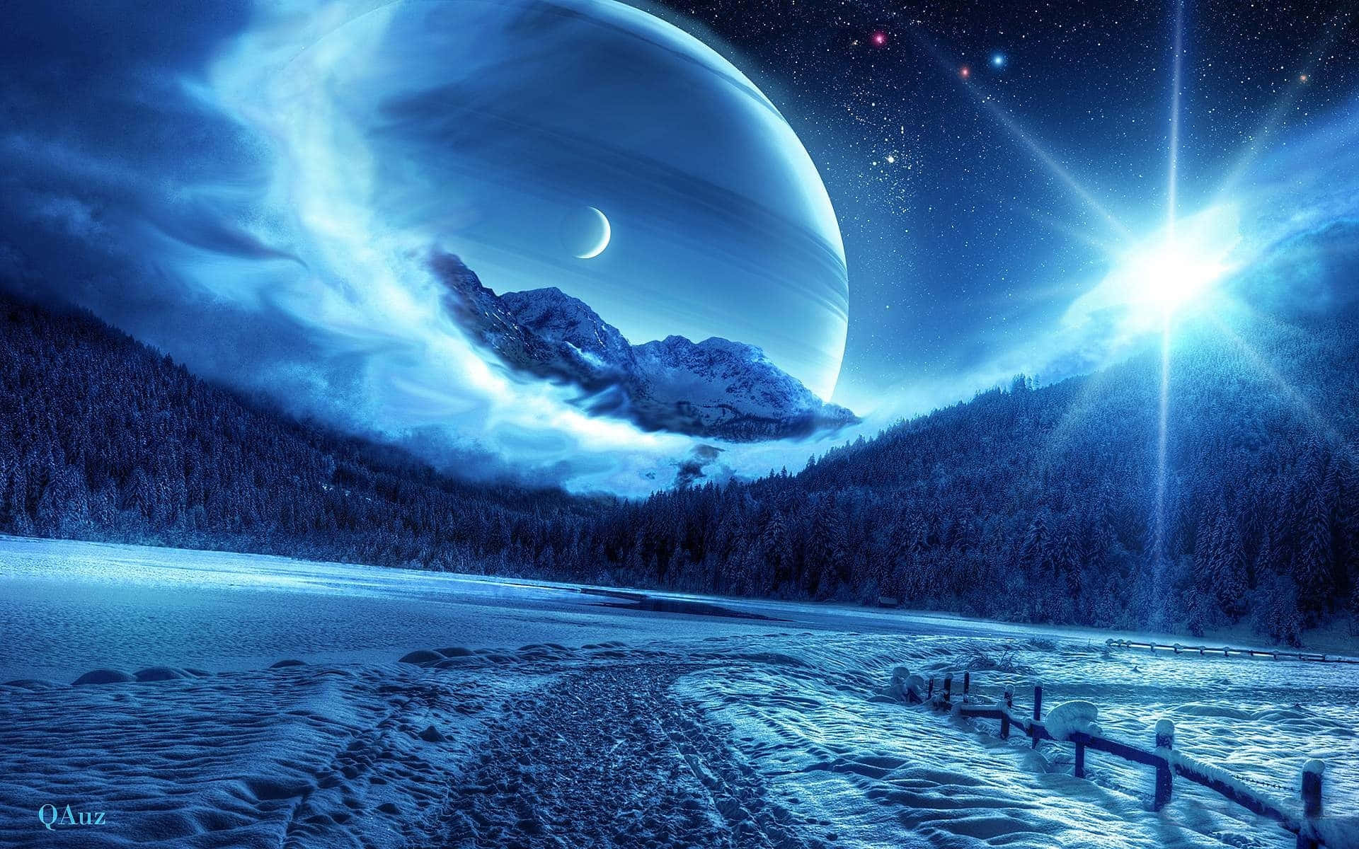surreal blue nightscape, glowing blue alien planet, crescent moon, Full HD Desktop Wallpaper