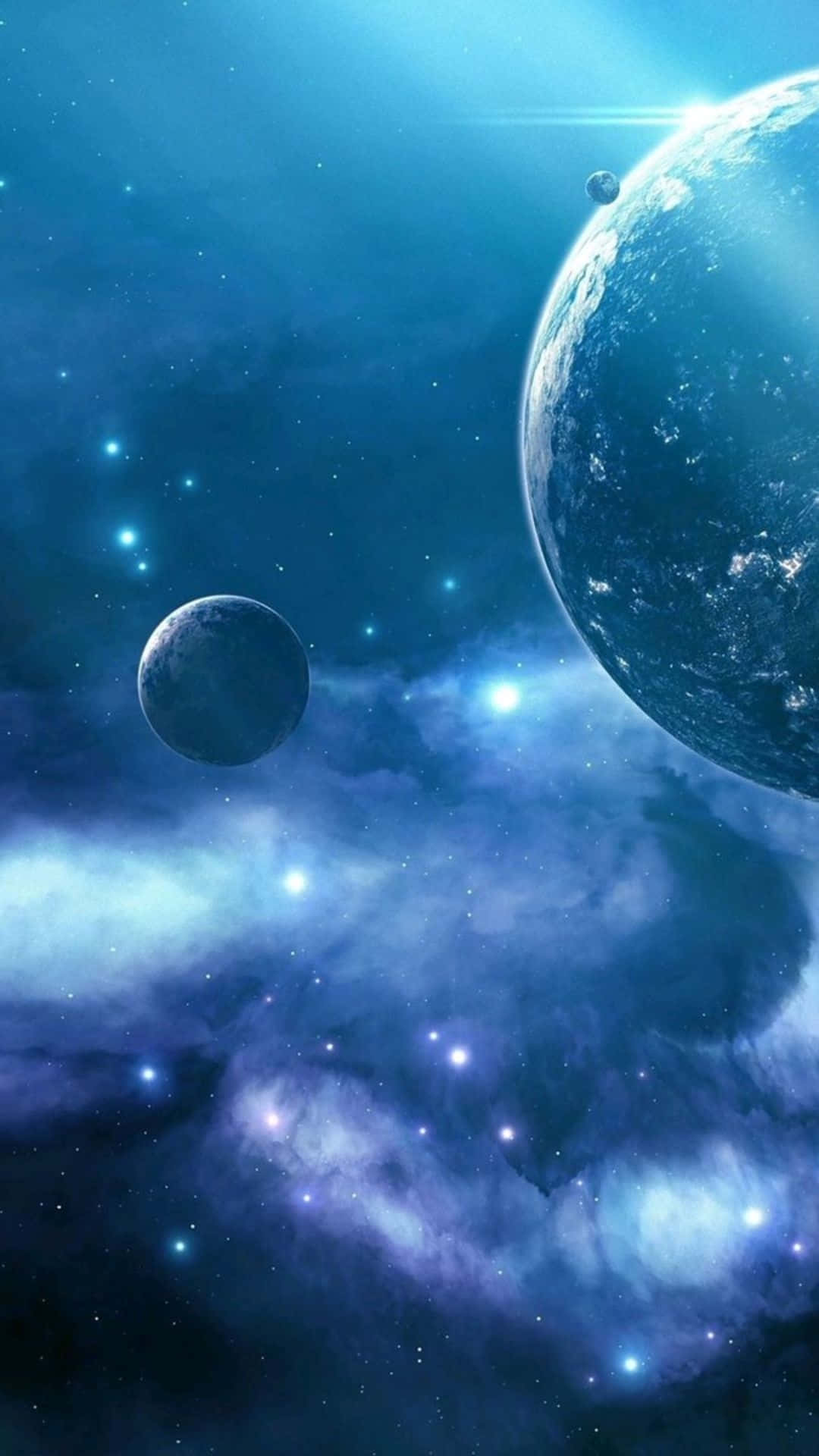 Celestial Blue Space Scene, blue planet, glowing stars, Full HD Phone Wallpaper