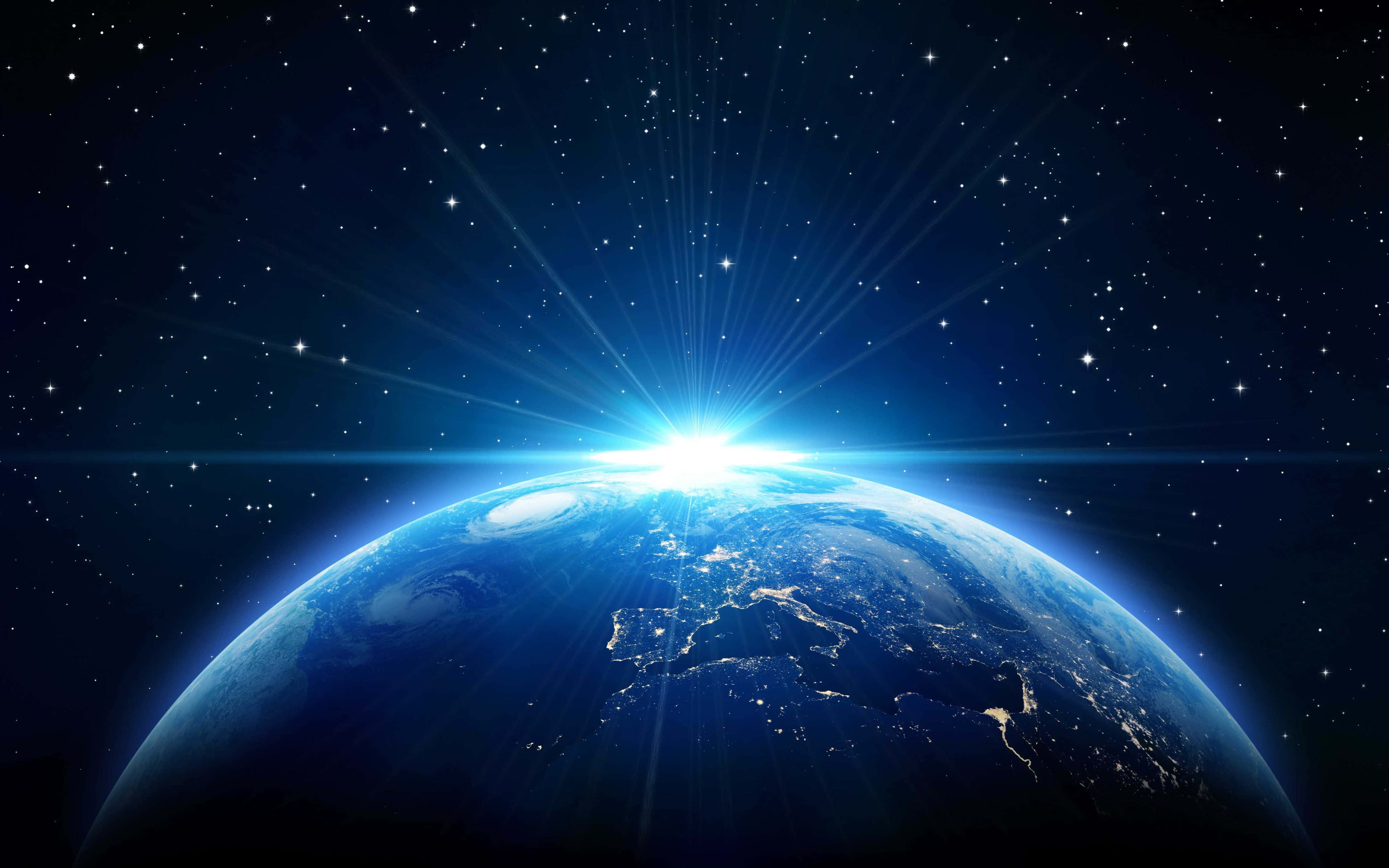 Sunrise, Earth, starry night sky, 4K Desktop Wallpaper