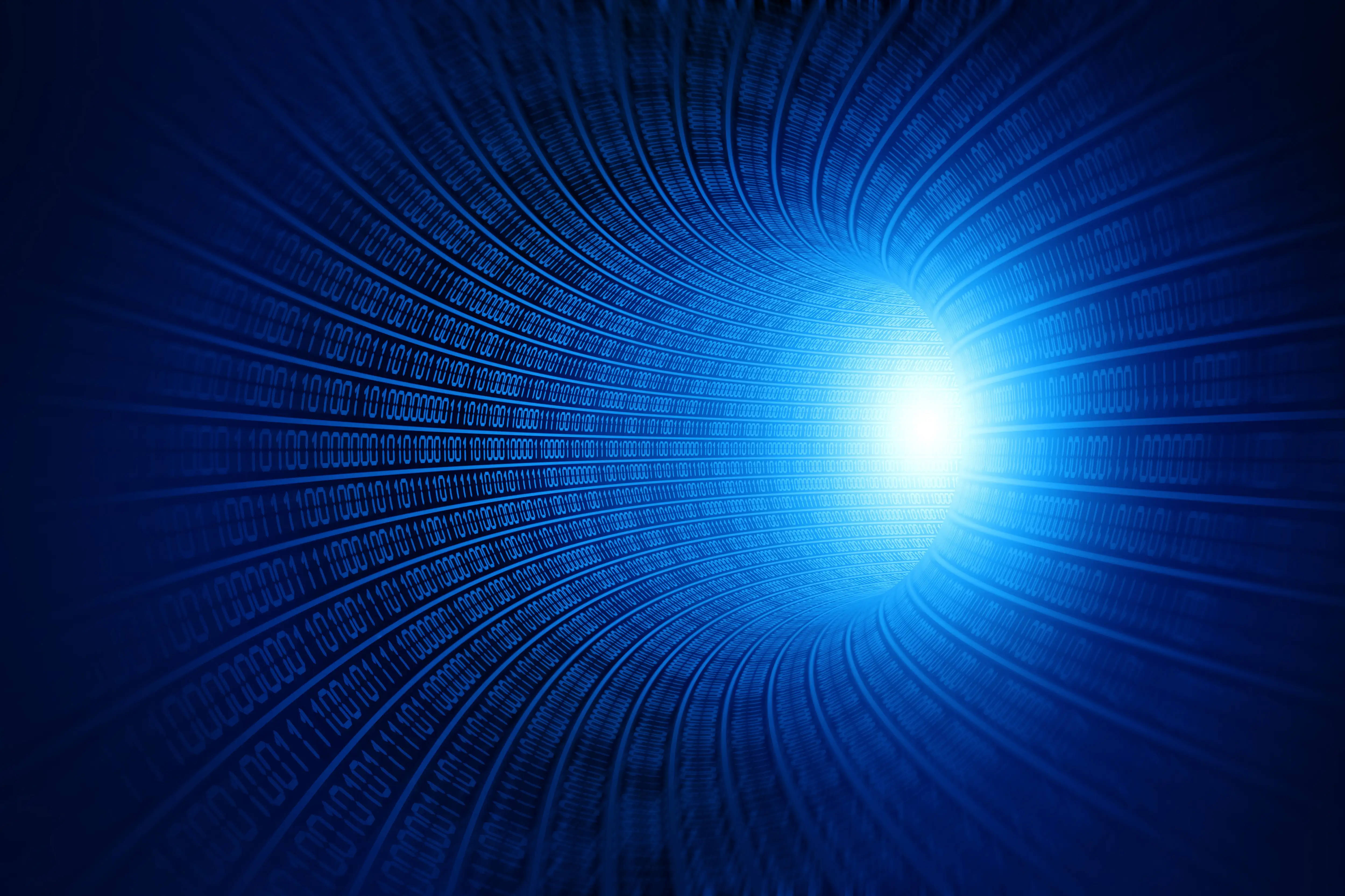 Blue 4K Internet Tunnel, glowing blue binary code, radiant light, 4K Desktop Wallpaper
