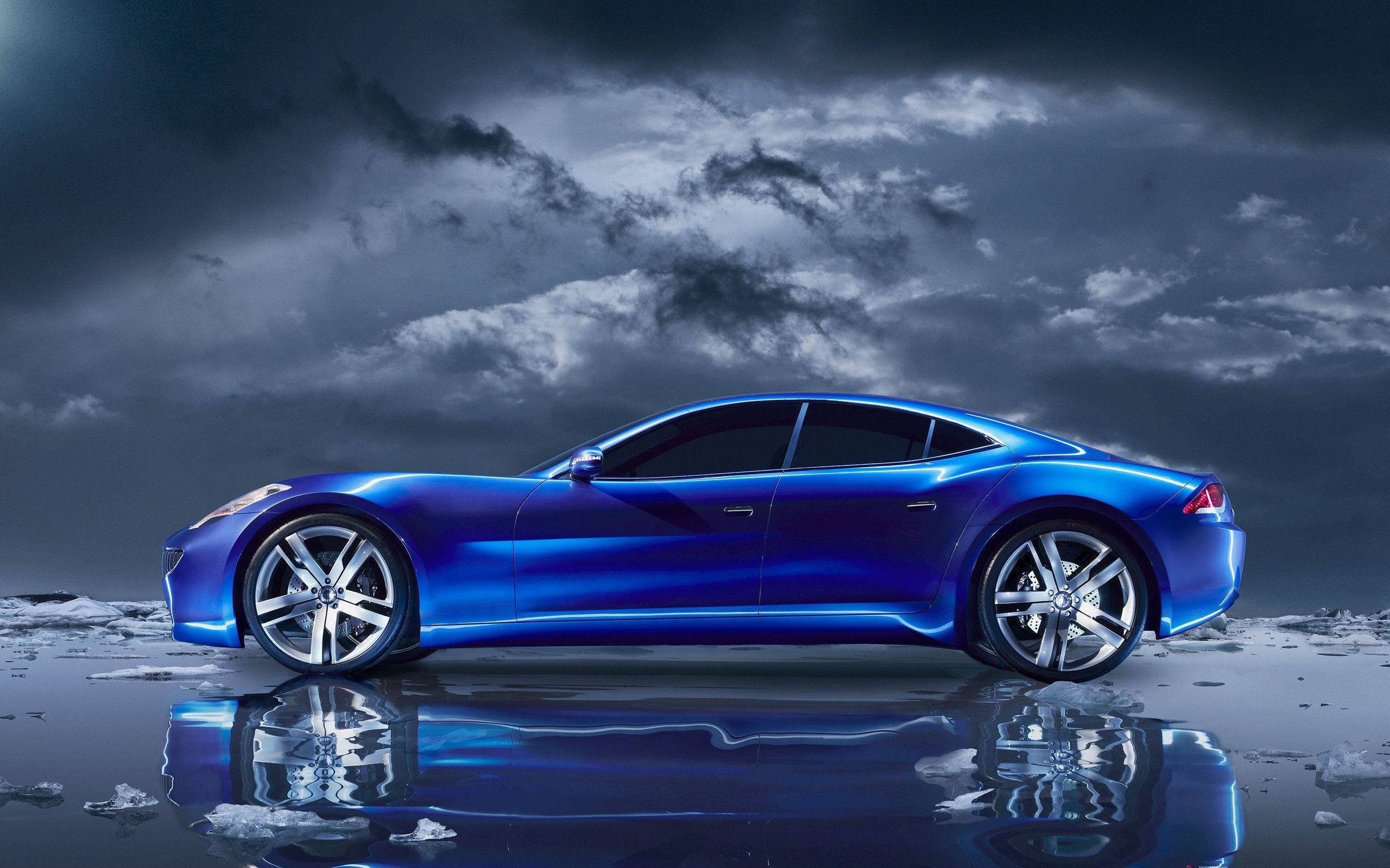 blue sports car, icy water, stormy gray sky, 2K Desktop Wallpaper