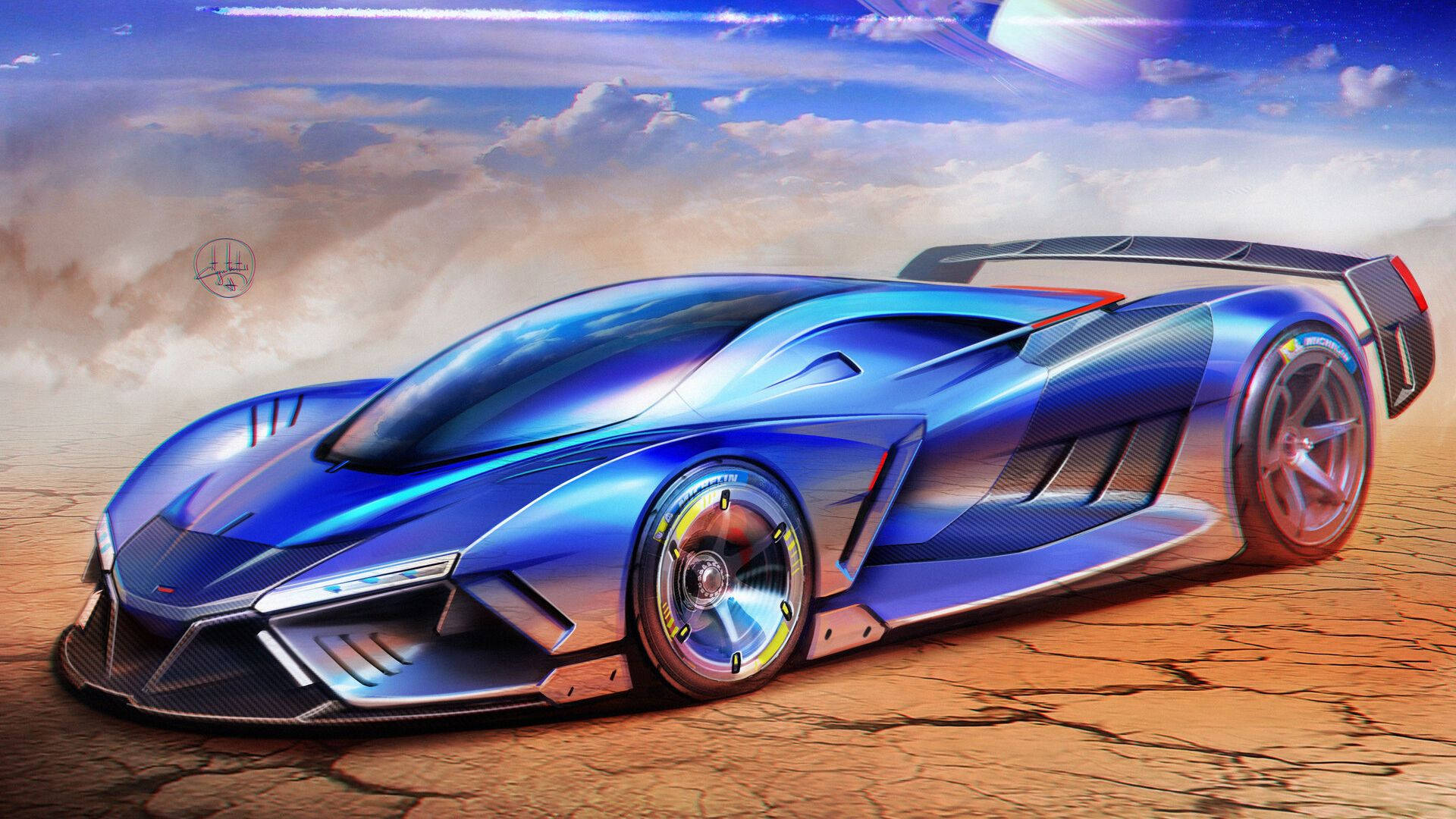 shiny blue sports car, futuristic sports car, glowing wheels, Full HD Desktop Wallpaper
