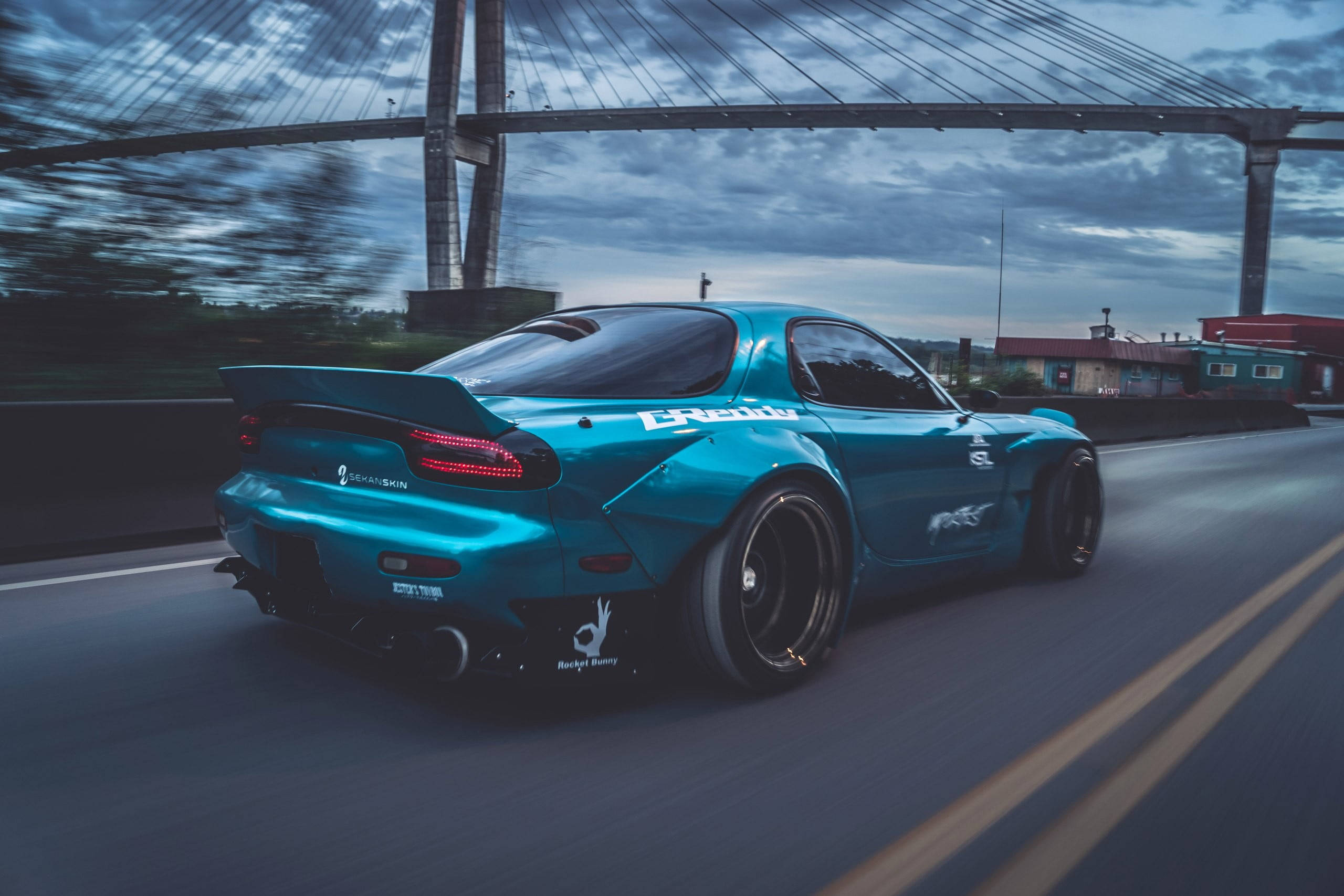 teal, modified sports car, cable-stayed bridge, 2K Desktop Wallpaper