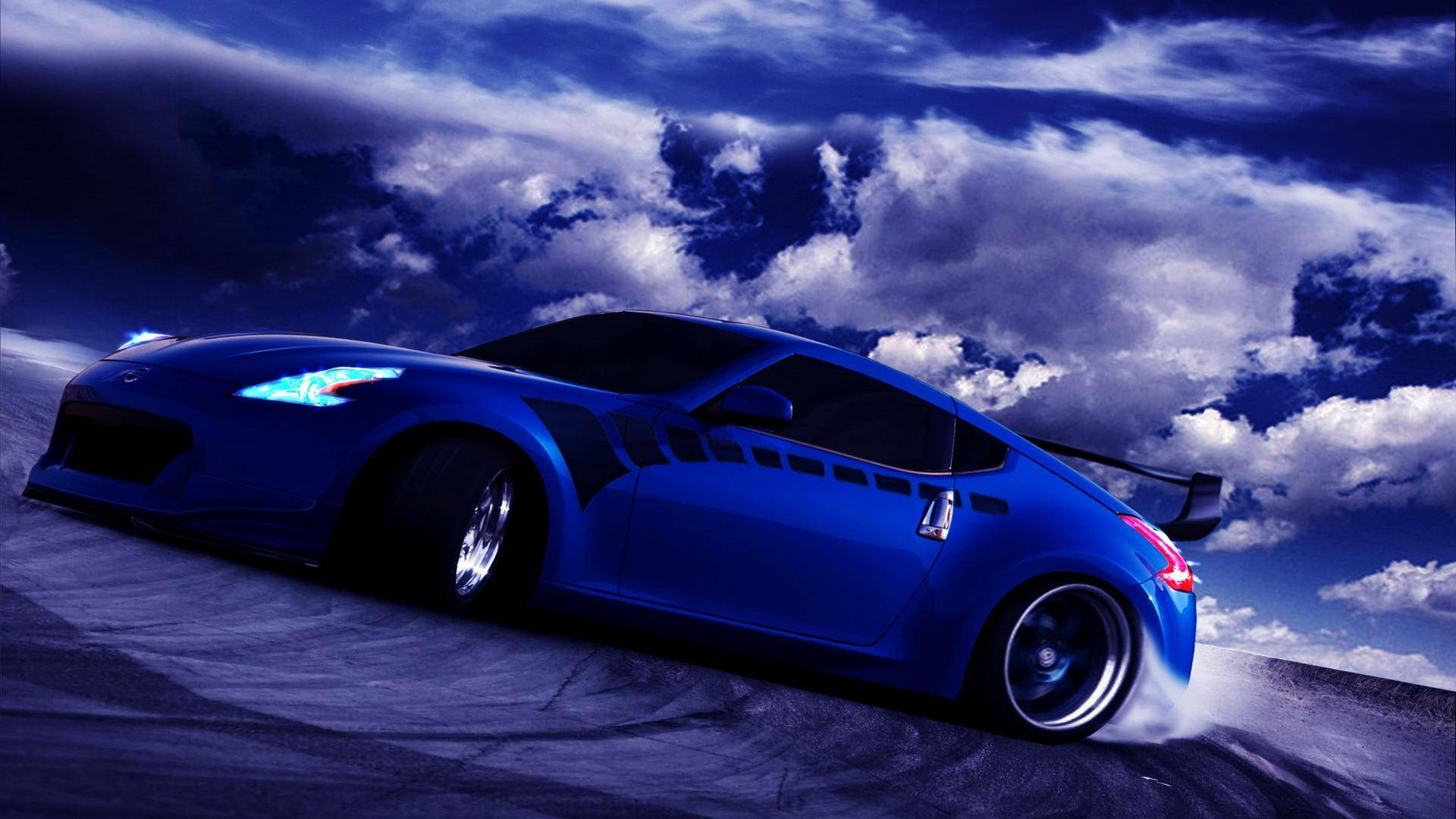 blue sports car, dark road, dramatic cloudy sky, Full HD Desktop Wallpaper