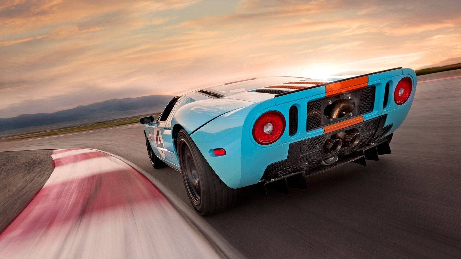 turquoise Ford GT, orange stripes, track, Full HD Desktop Wallpaper