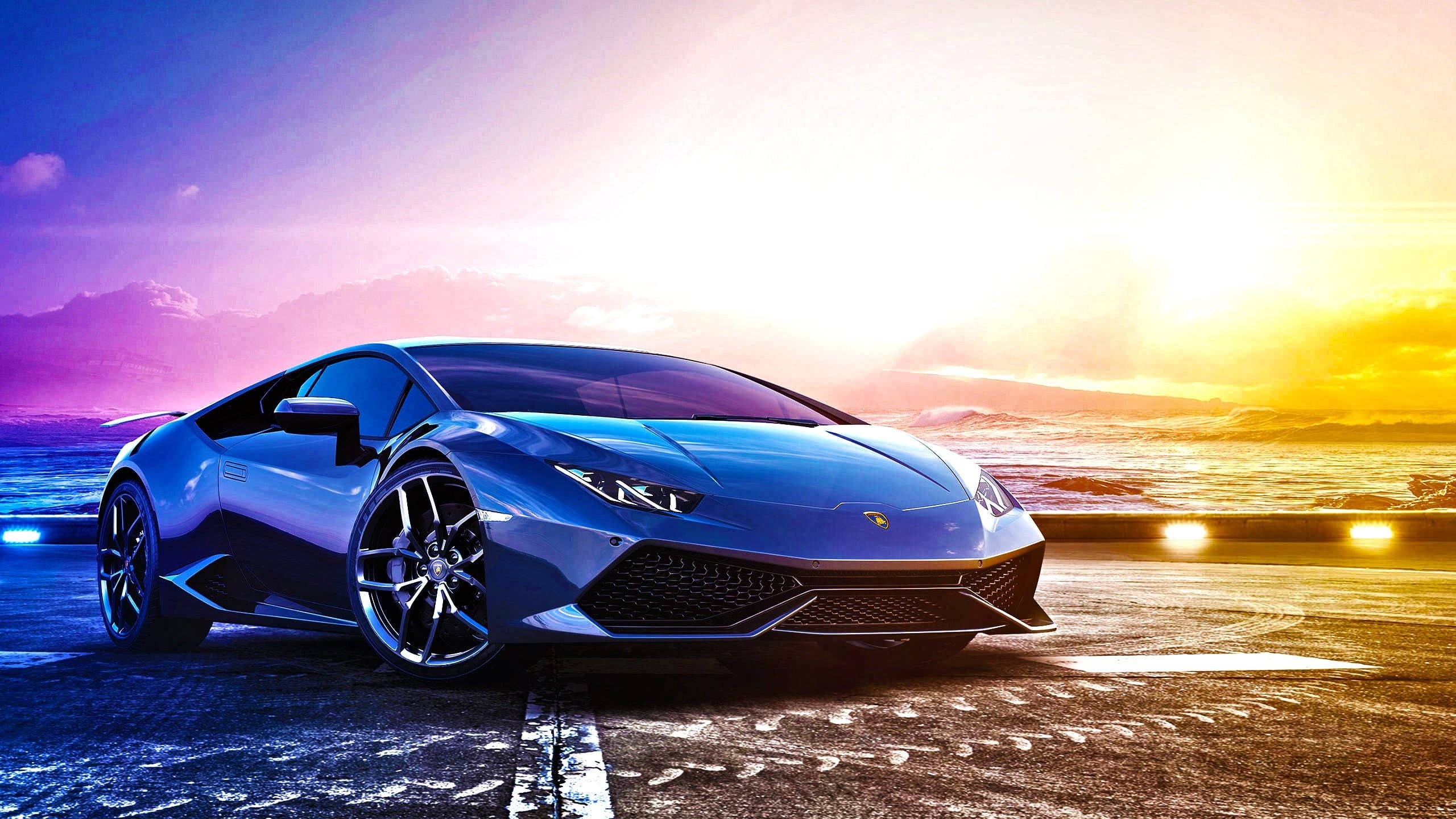 blue sports car, coastal road, sunset, 2K Desktop Wallpaper