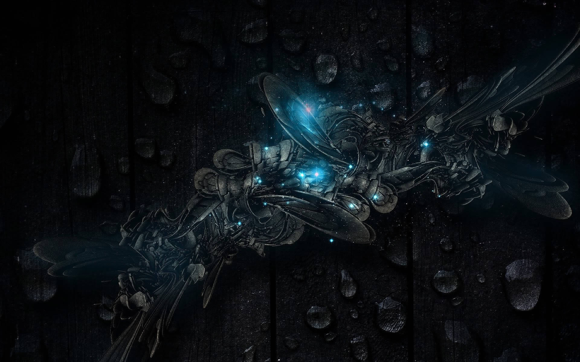 metallic blue texture, glowing blue mechanical insect, intricate wings, Full HD Desktop Wallpaper