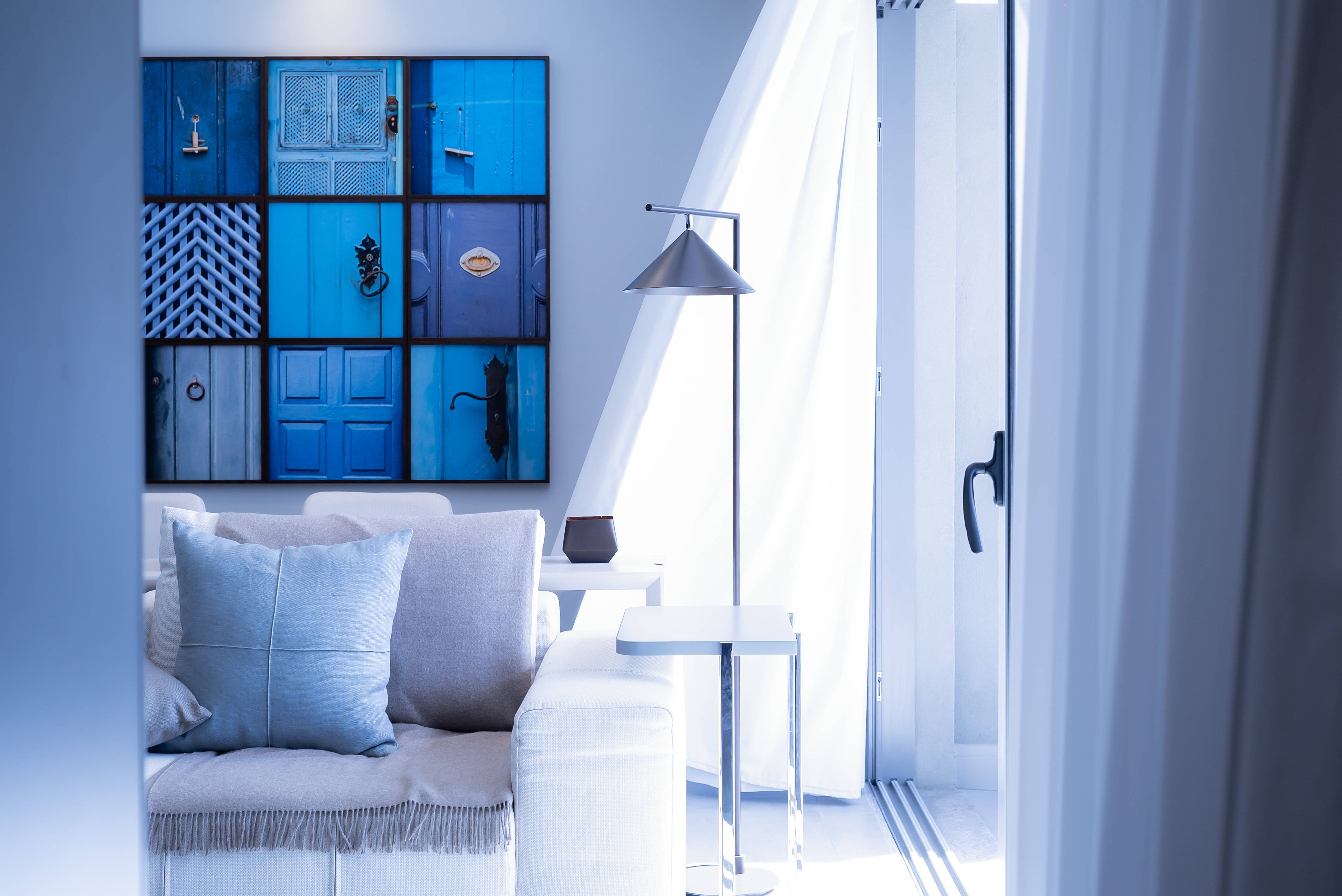 Blue Doors Home Painting, blue door collage art piece, soft blue light, 4K Desktop Wallpaper