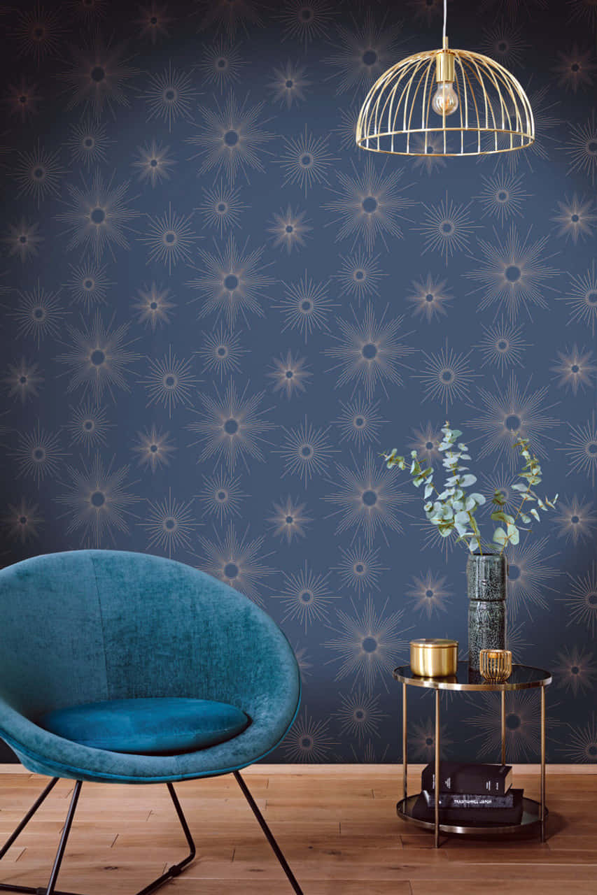 teal velvet chair, gold cage pendant light, dark blue starburst patterned wallpaper, HD Phone Wallpaper