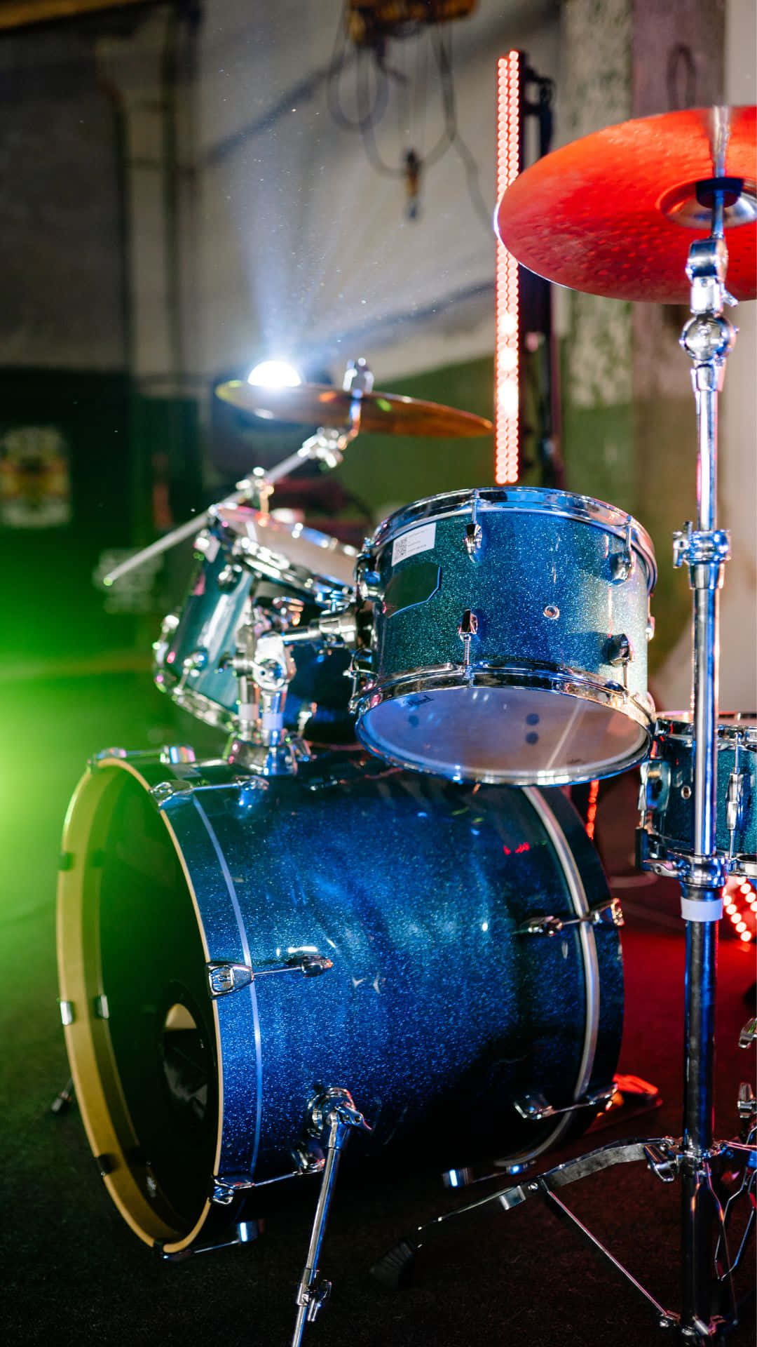 blue sparkle drum set, vibrant green stage lights, red stage lights, Full HD Phone Wallpaper