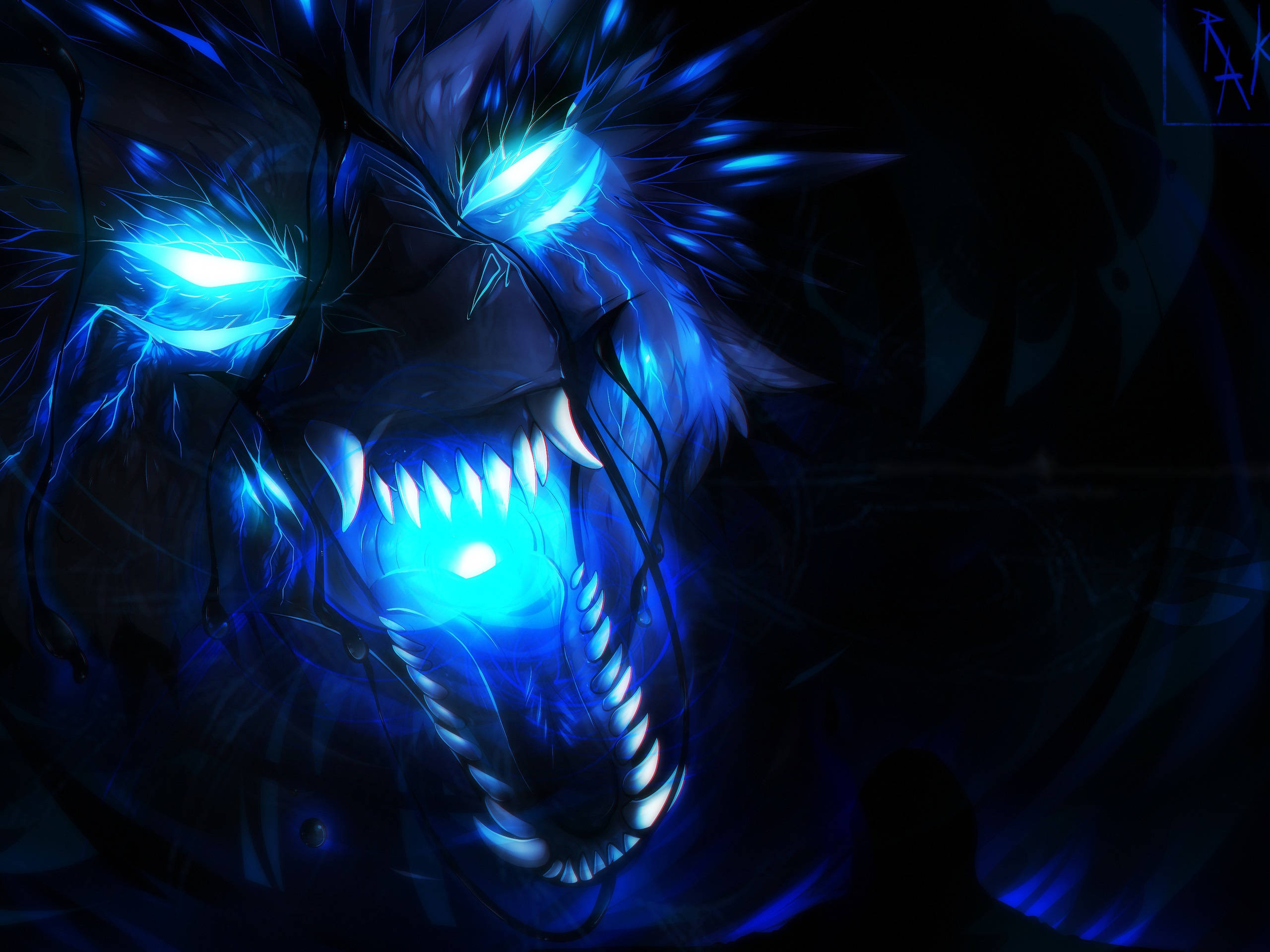 Blue Wolf, glowing blue eyes, lightning, 2K Desktop Wallpaper