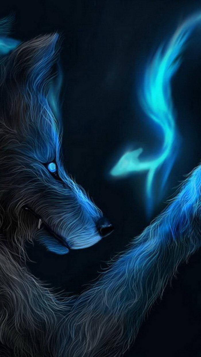 furry blue wolf, blue glowing wolf, sharp eyes, SD Phone Wallpaper