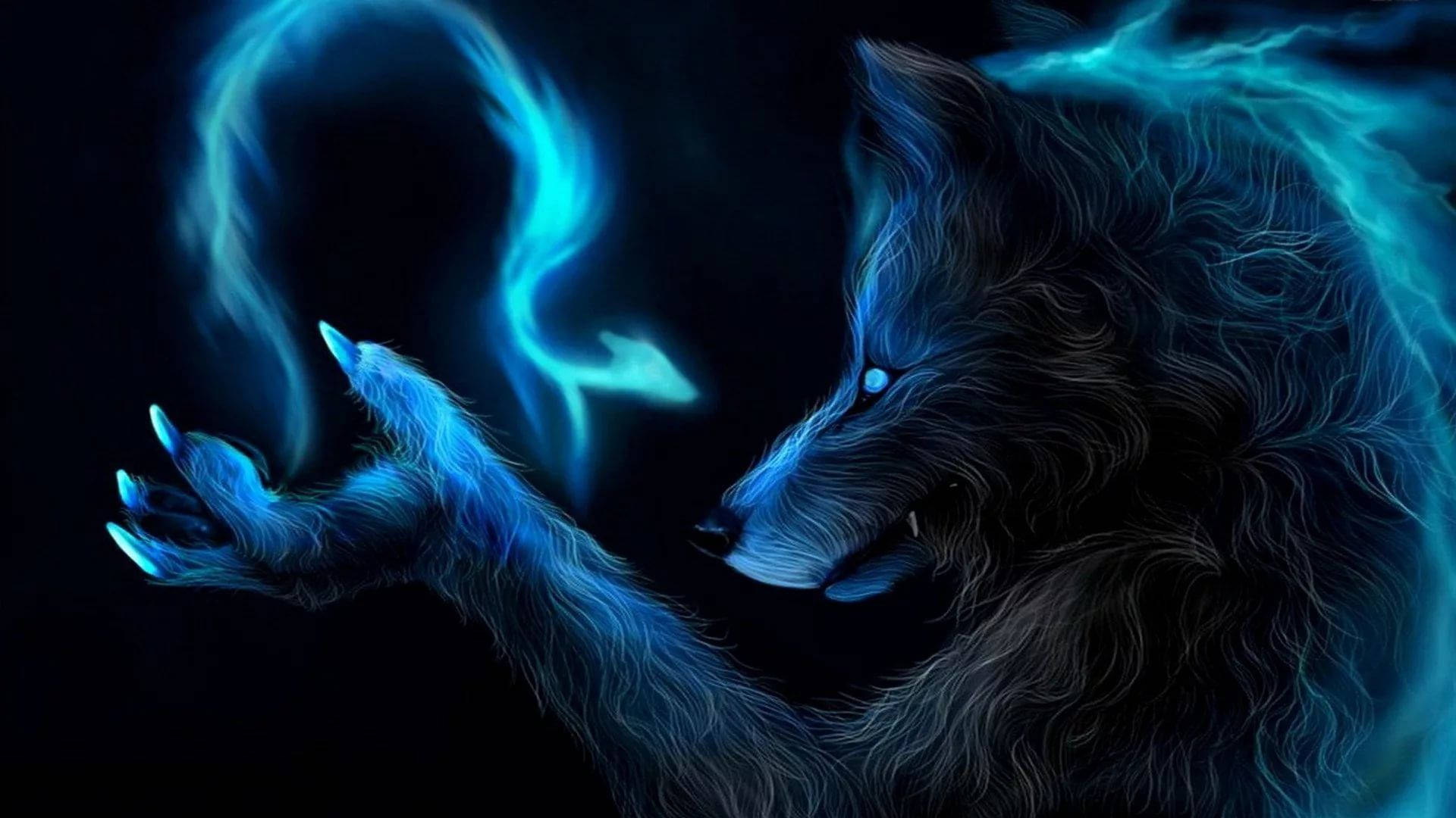 Blue Wolf, blue glowing, outstretched paw, Full HD Desktop Wallpaper