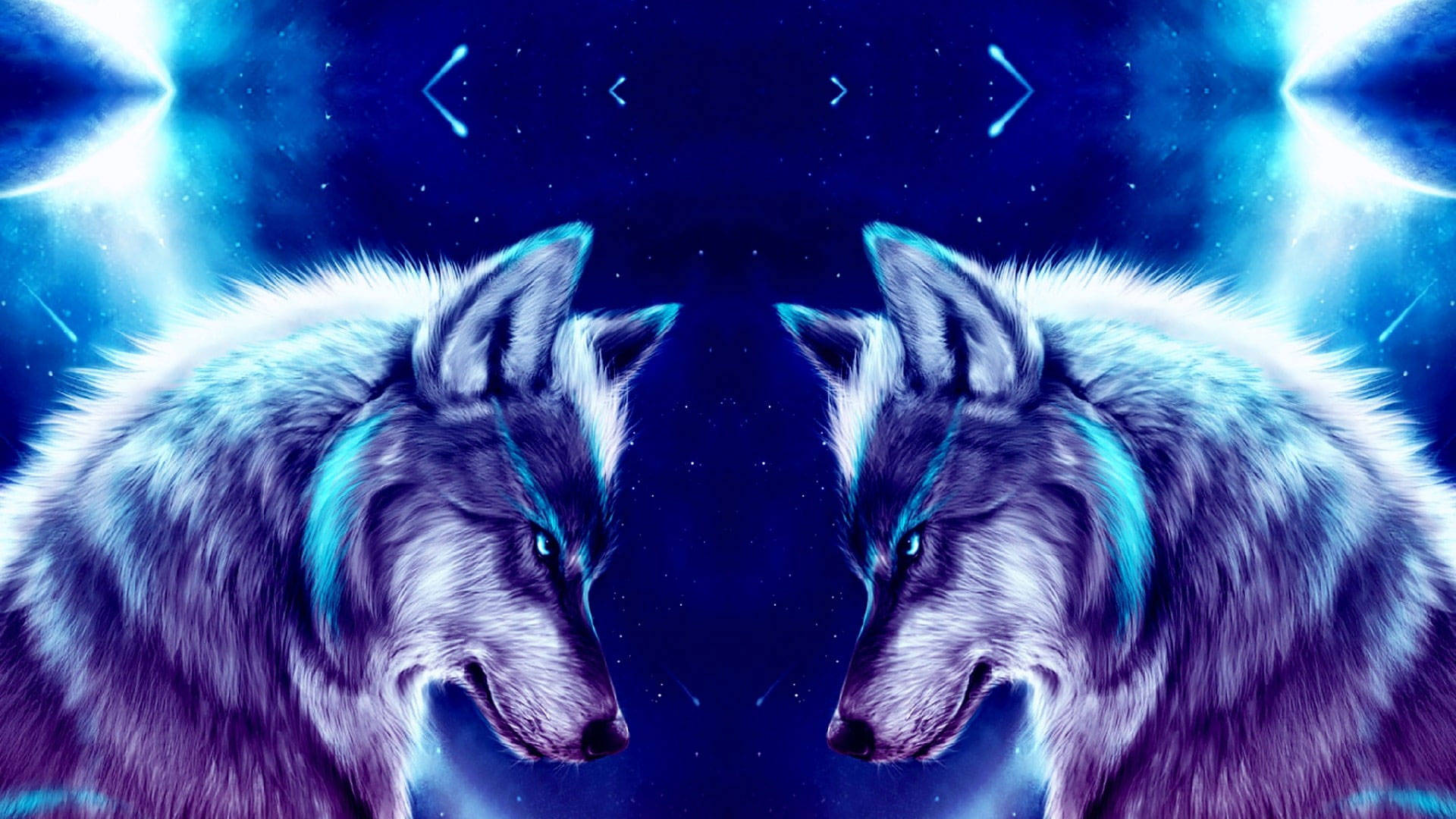 Galaxy Wolf, two wolves, cosmic blue starfield, Full HD Desktop Wallpaper