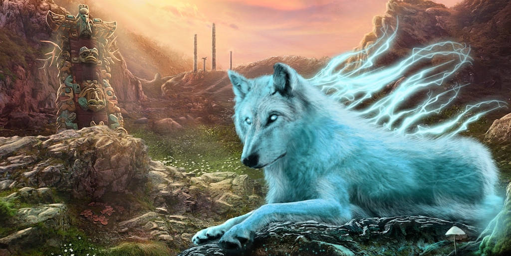 Blue Wolf, electric aura, rocky terrain, SD Desktop Wallpaper