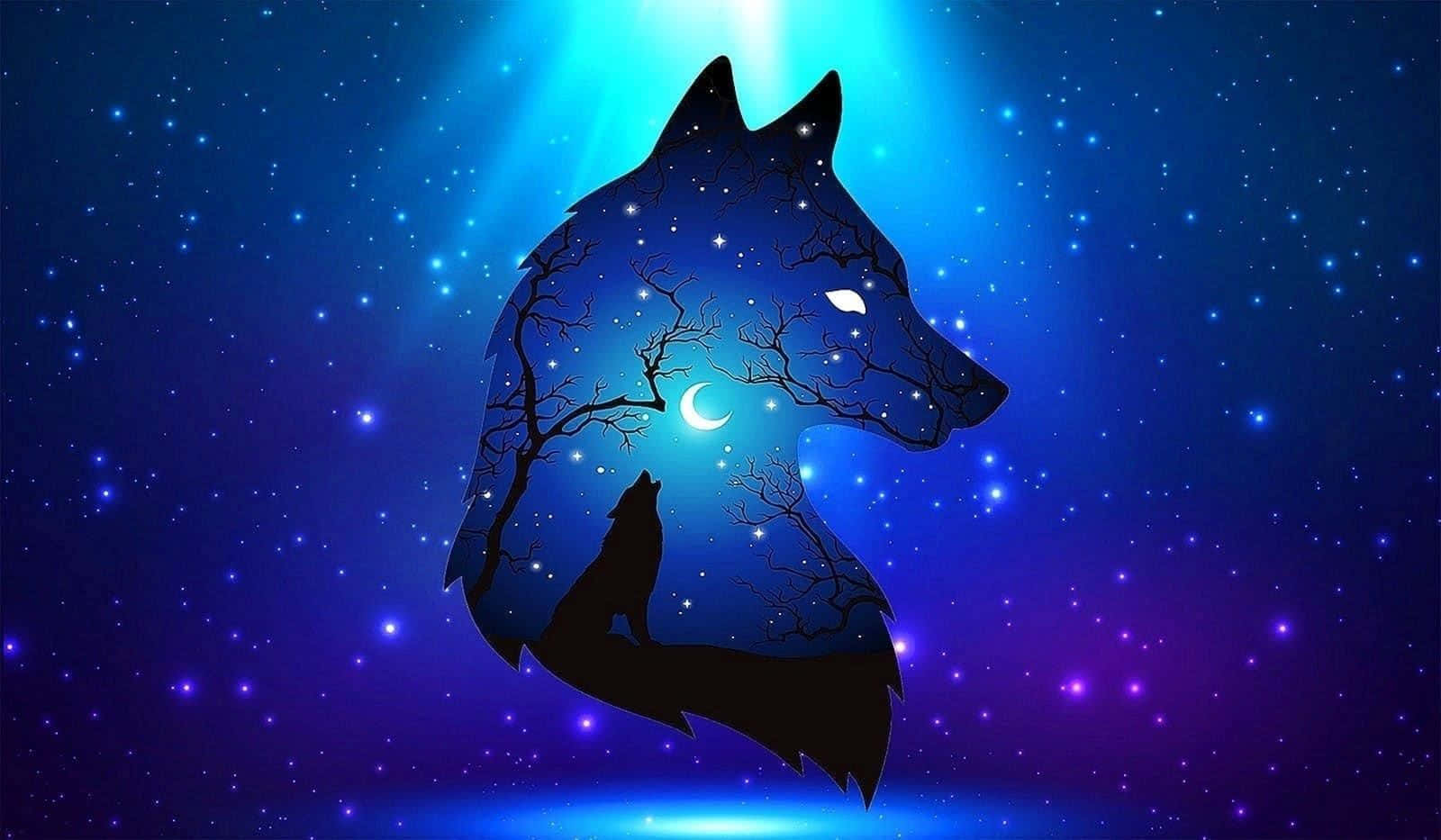 Blue Wolf, wolf silhouette, starry night sky, HD Desktop Wallpaper