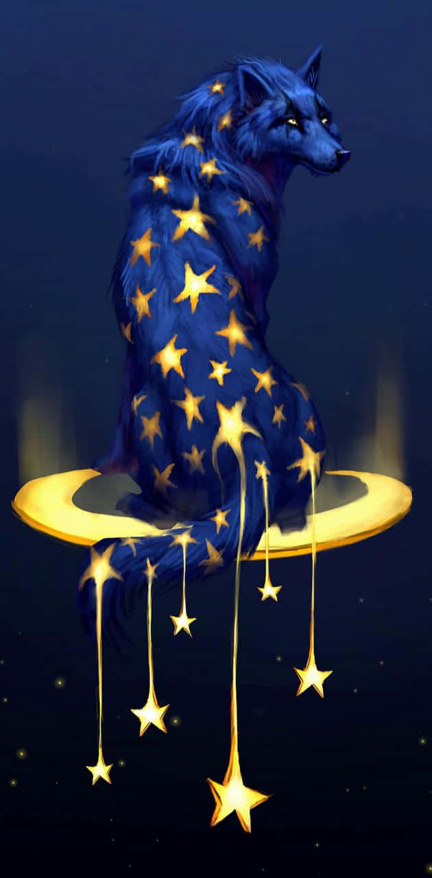 Blue Wolf, glowing golden stars, crescent moon, HD Phone Wallpaper