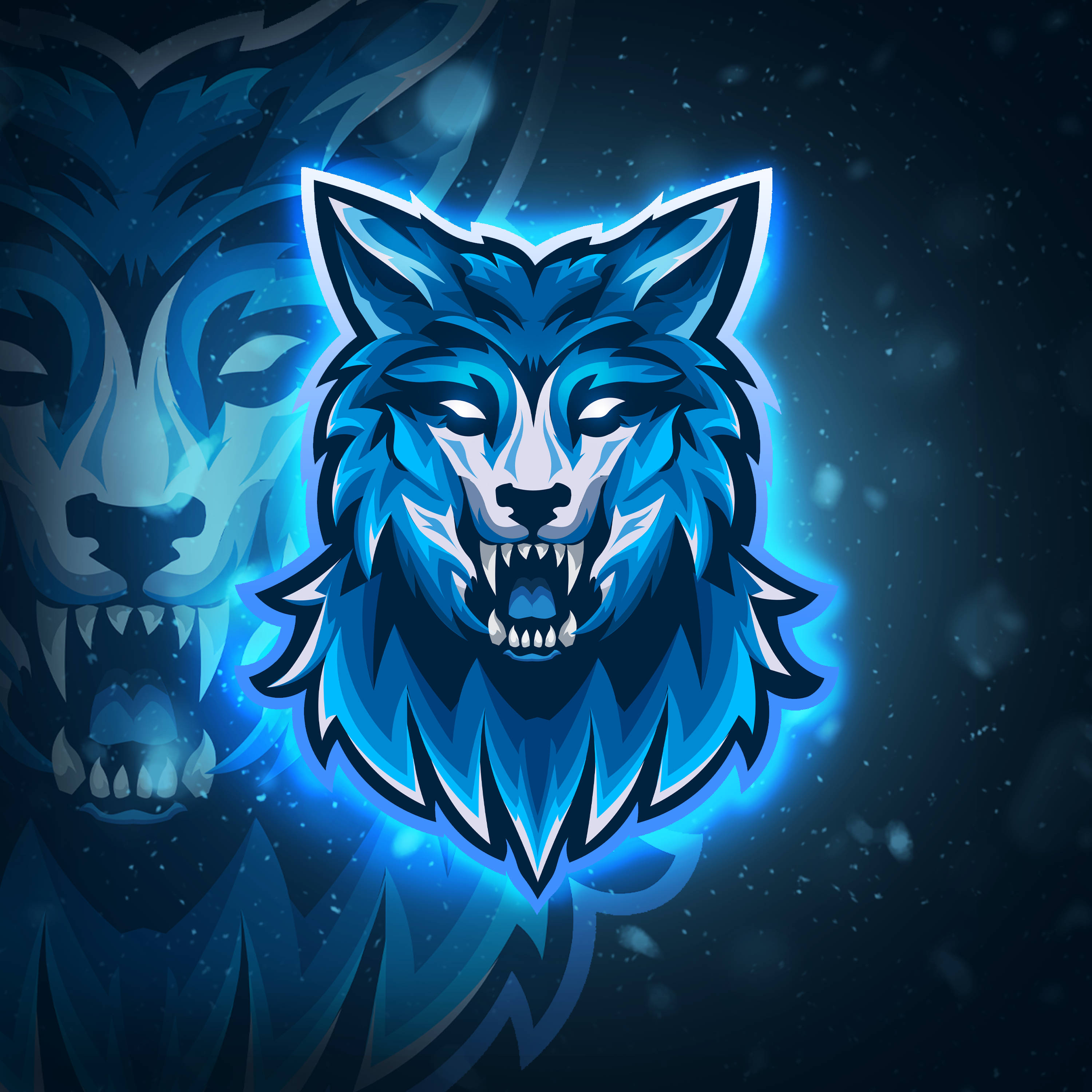 Blue Wolf, glowing blue wolf head, sharp teeth, 2K Desktop Wallpaper