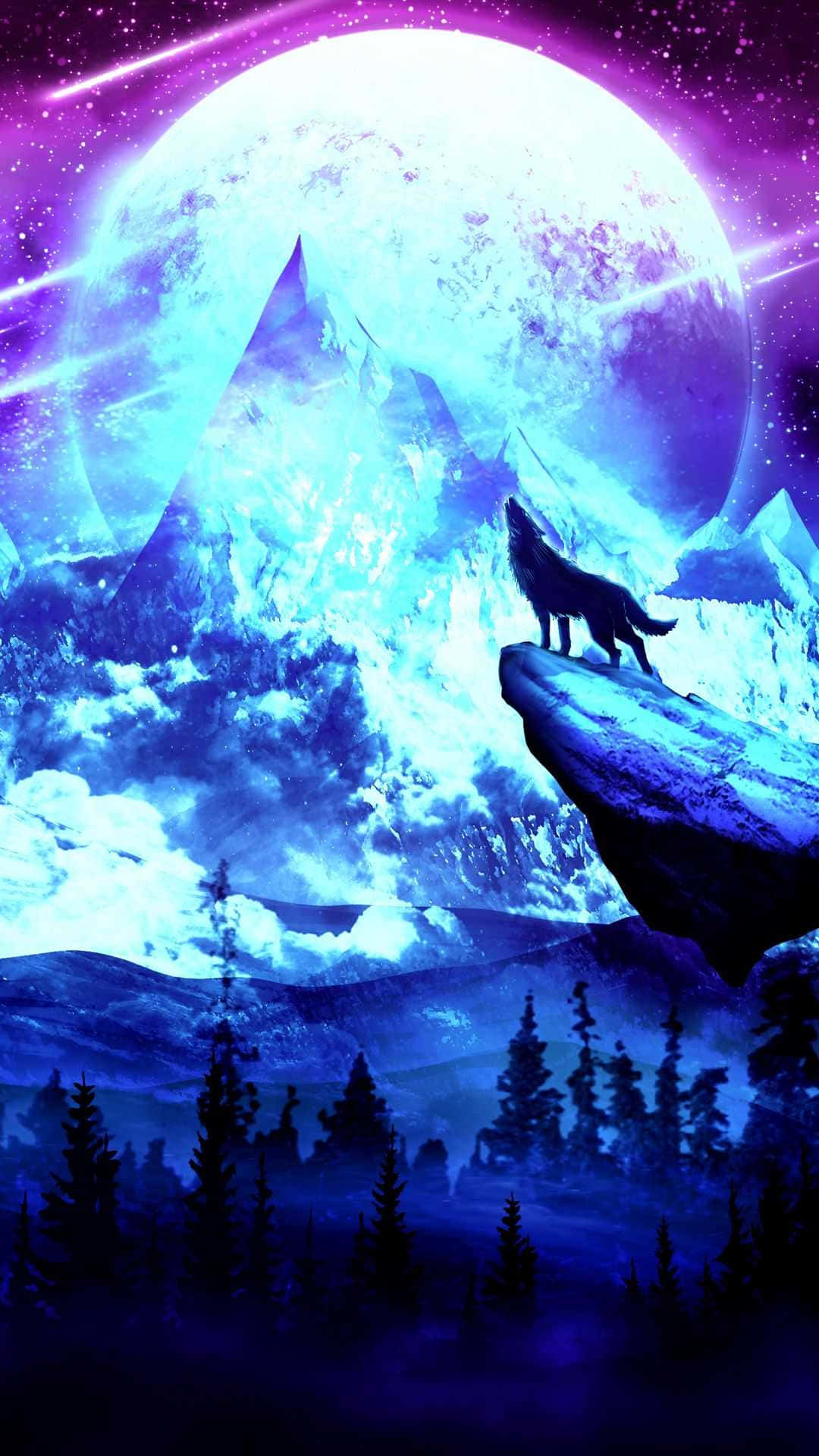Blue Wolf, howling silhouette, glowing moon, Full HD Phone Wallpaper