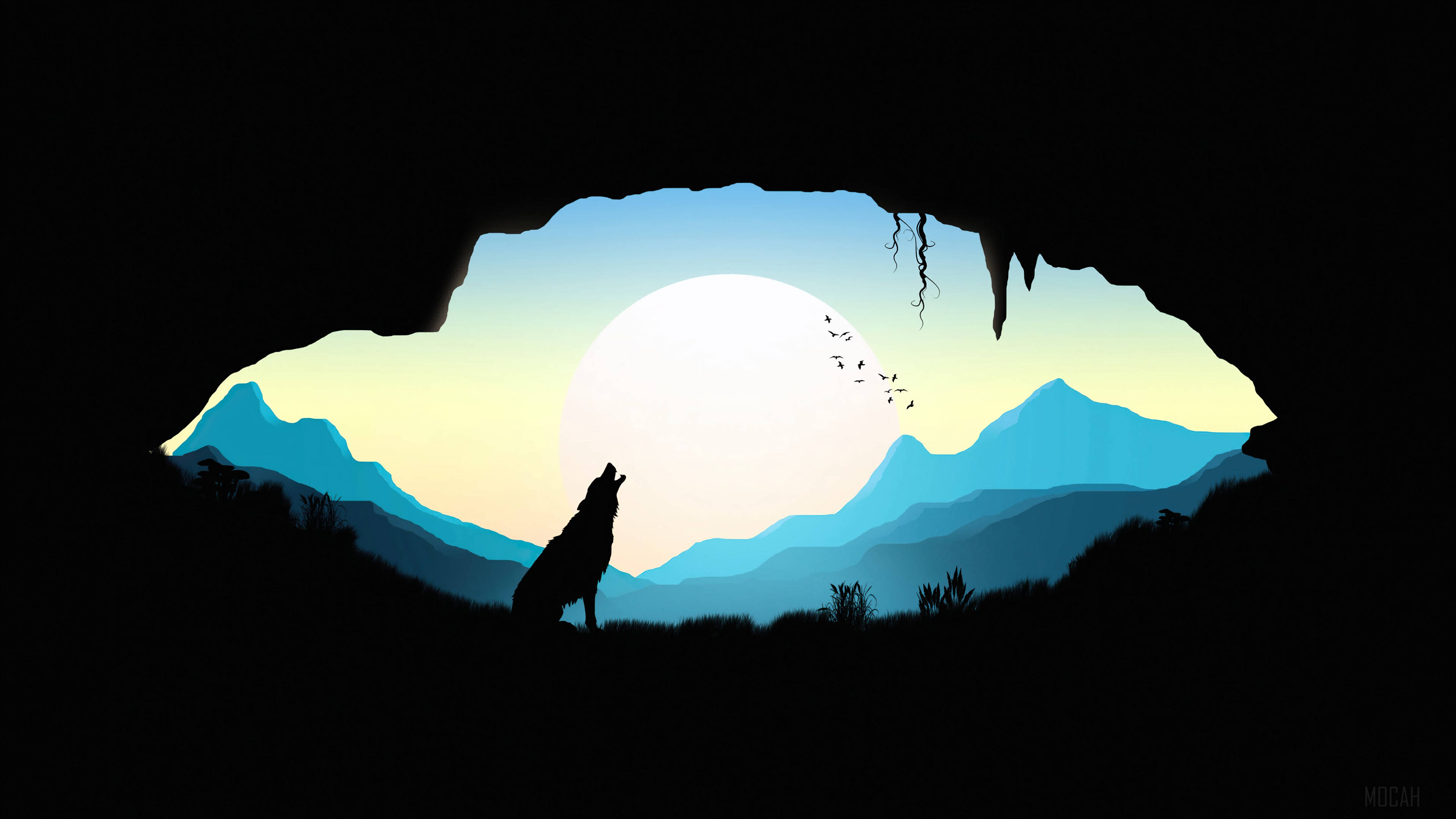 Blue Wolf, cave, glowing moon, 4K Desktop Wallpaper