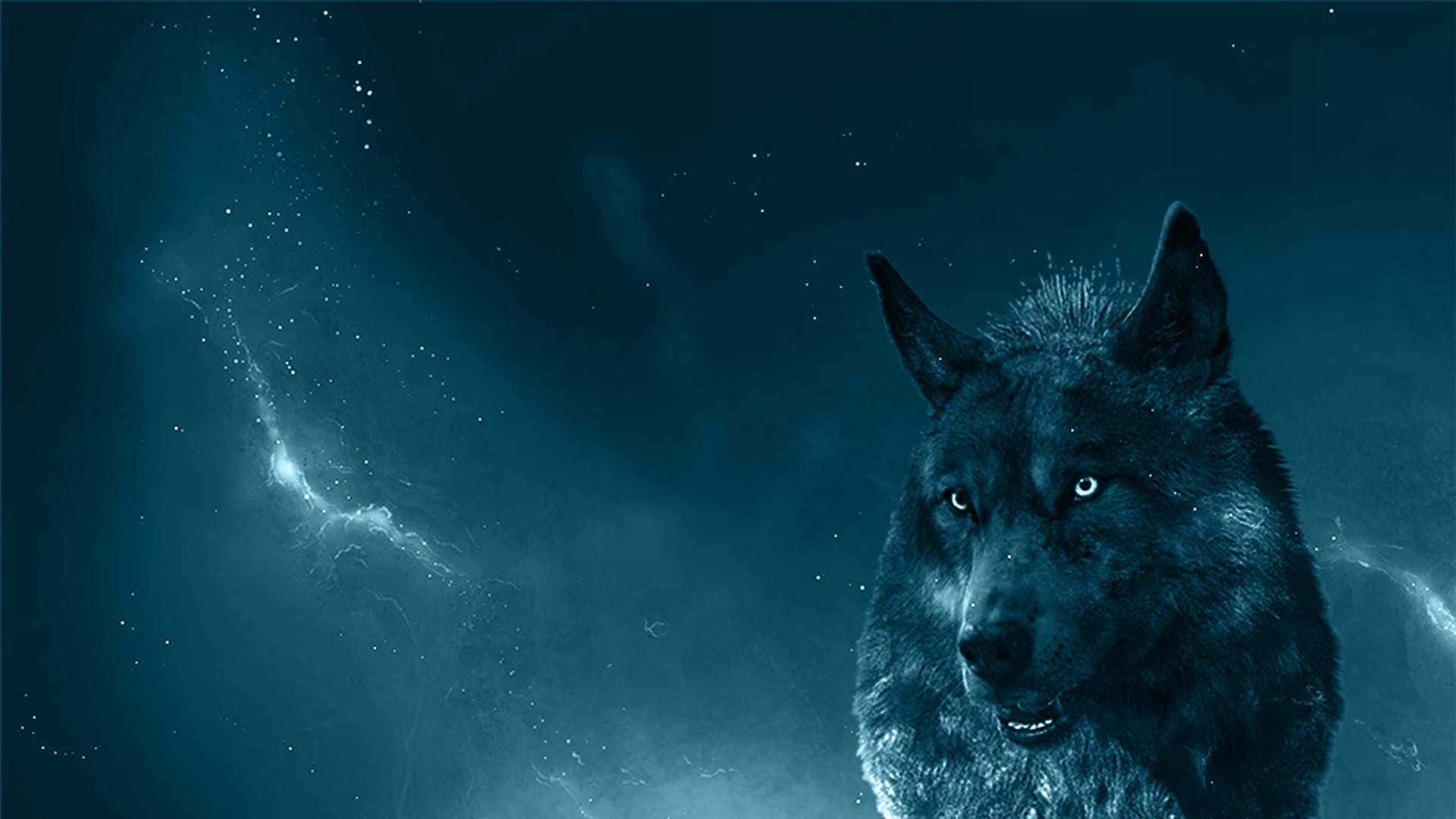 Blue Wolf, Night Sky Landscape, cosmic blue nebula, Full HD Desktop Wallpaper