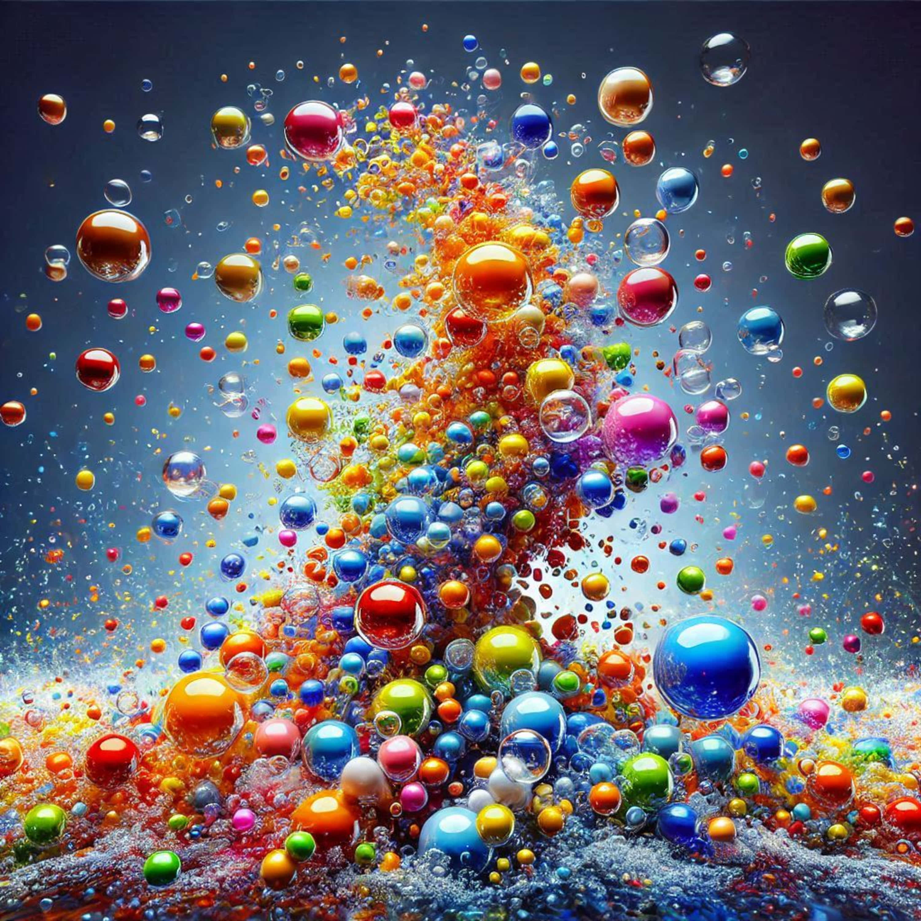 multicolored translucent bubbles, deep blue gradient background, sky, 2K Desktop Wallpaper