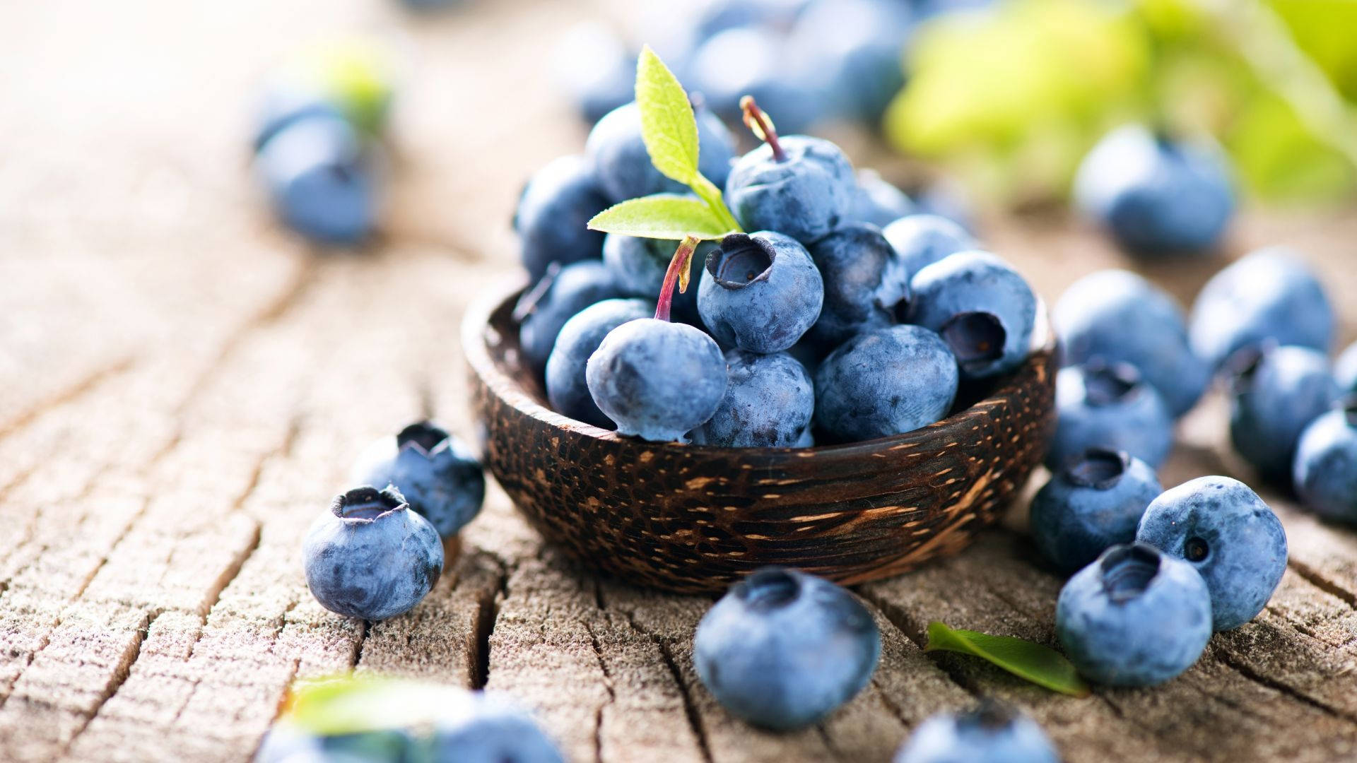 blueberries, coconut shell bowl, weathered wooden surface, Full HD Desktop Wallpaper