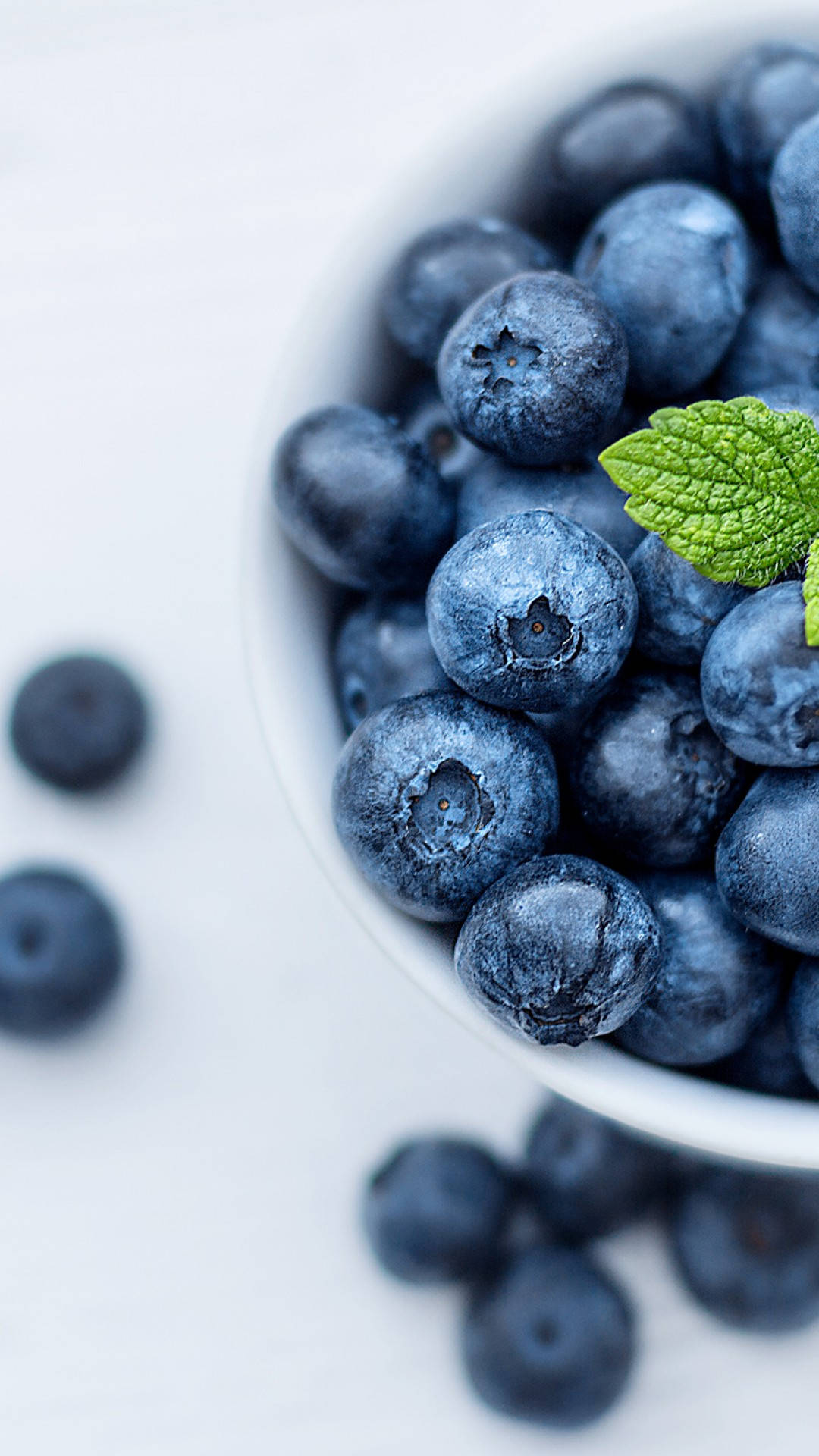 blueberries, white bowl, mint leaf, Full HD Phone Wallpaper