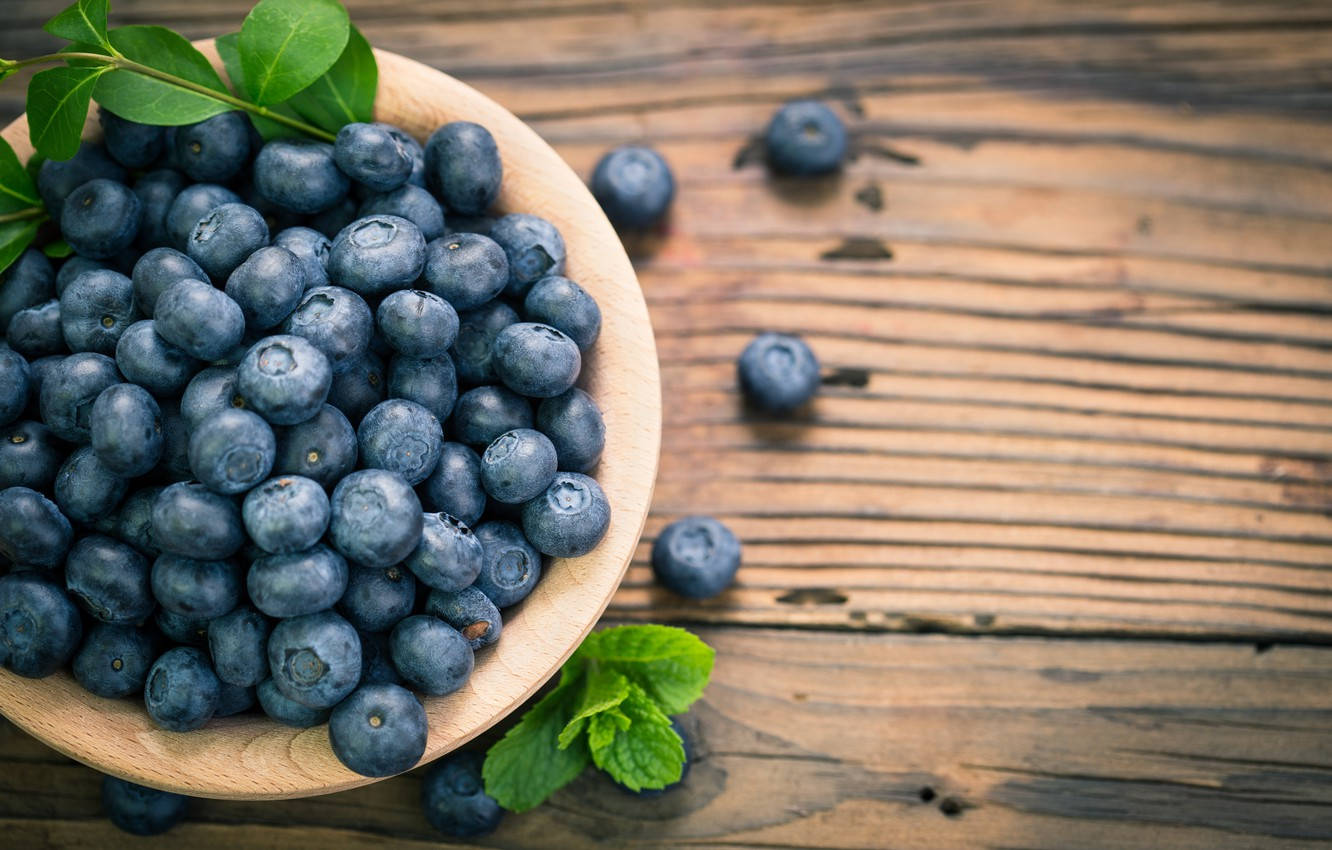 blueberries, wooden bowl, fresh mint leaves, HD Desktop Wallpaper