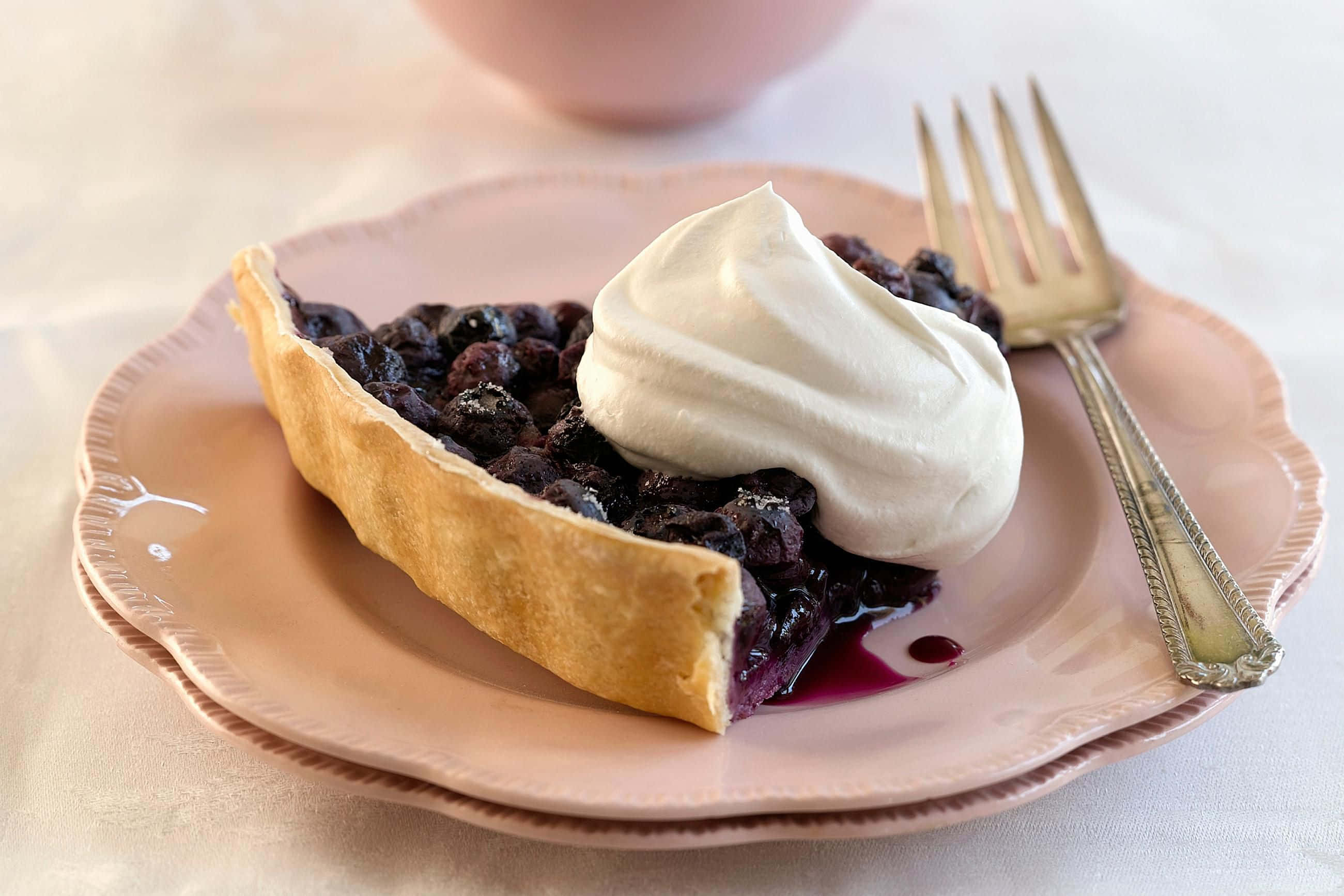 blueberry pie, whipped cream, pink plate, 2K Desktop Wallpaper