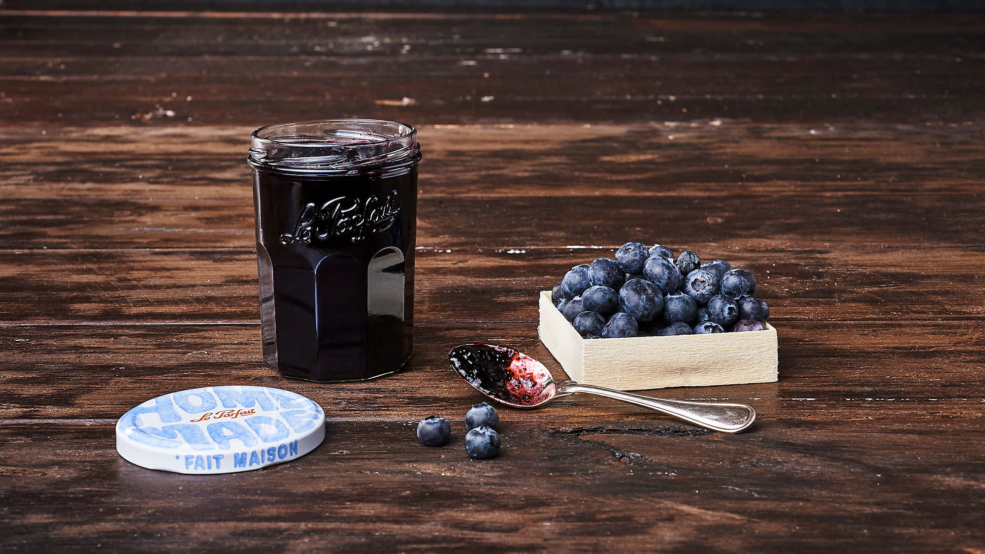 blueberry jam, wooden box, fresh blueberries, Full HD Desktop Wallpaper
