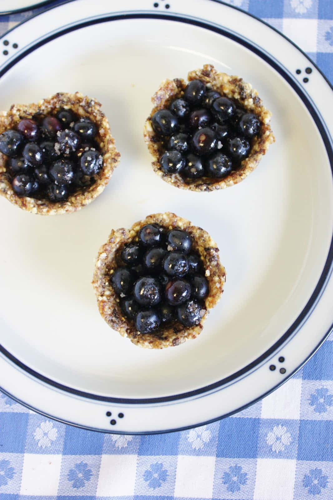 blueberry tartlets, crumbly crusts, white plate with navy trim, HD Phone Wallpaper