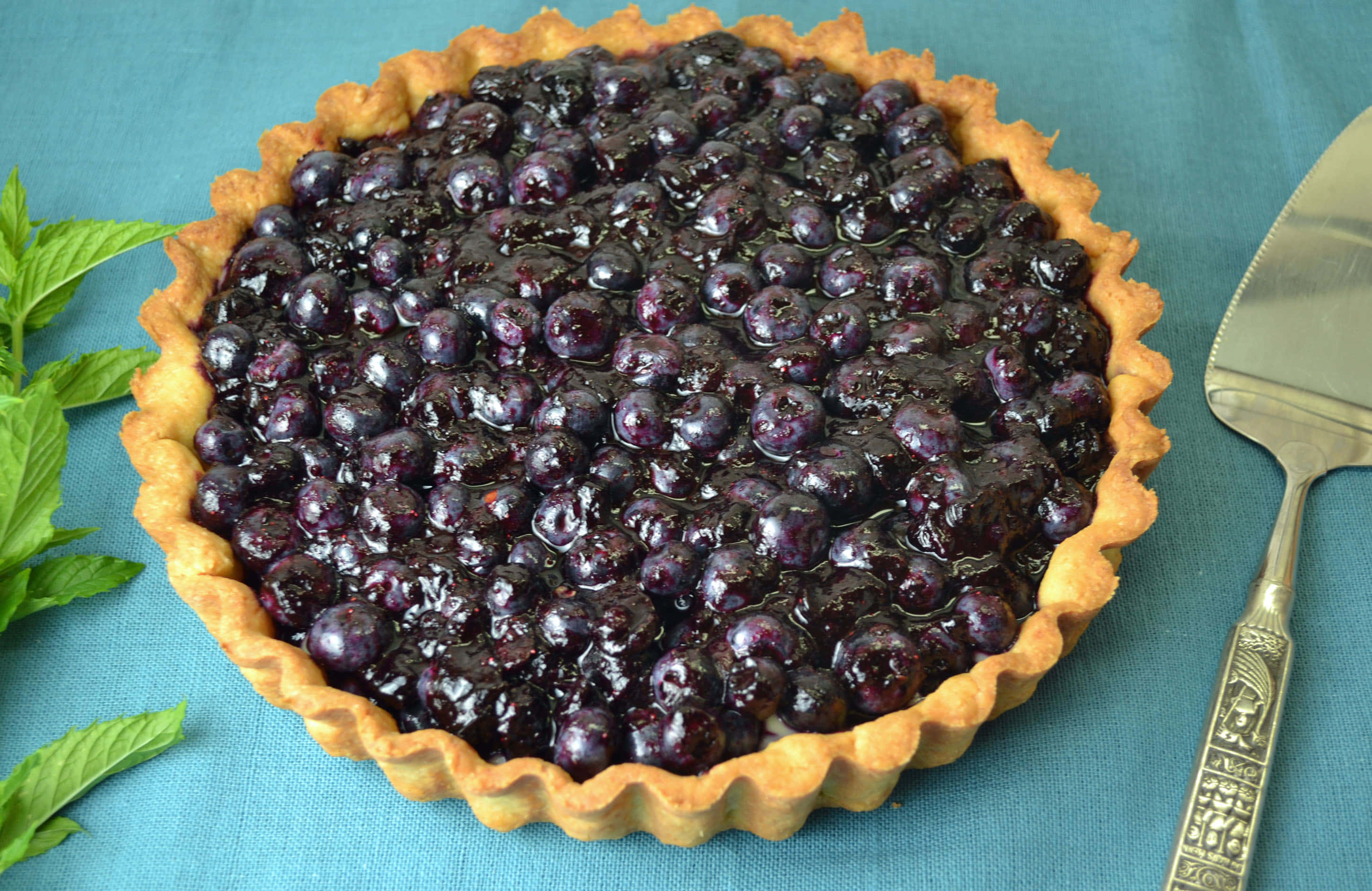 blueberry tart, golden crust, teal fabric, 2K Desktop Wallpaper