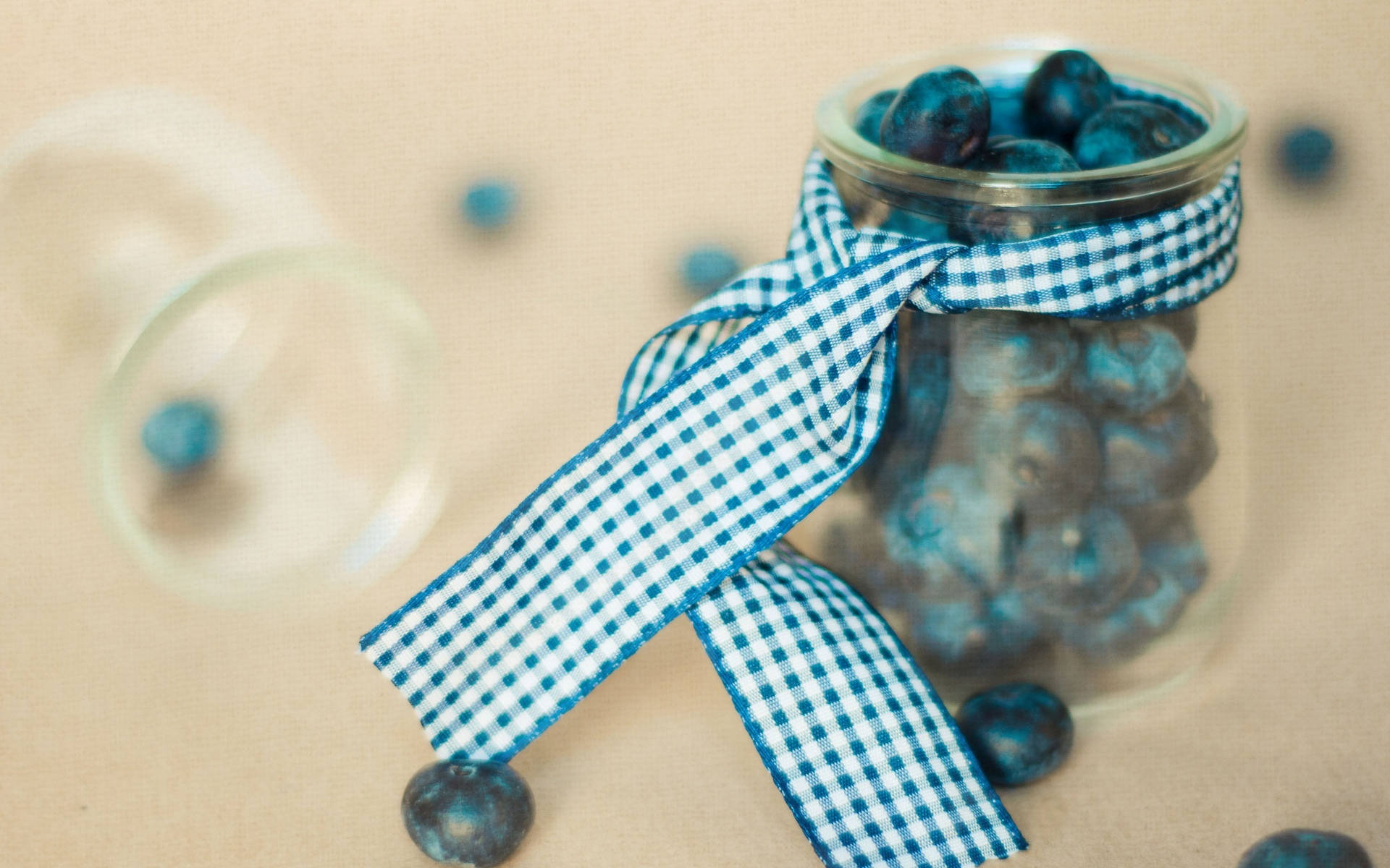 jar of blueberries, blue and white gingham ribbon, glass jar, Full HD Desktop Wallpaper
