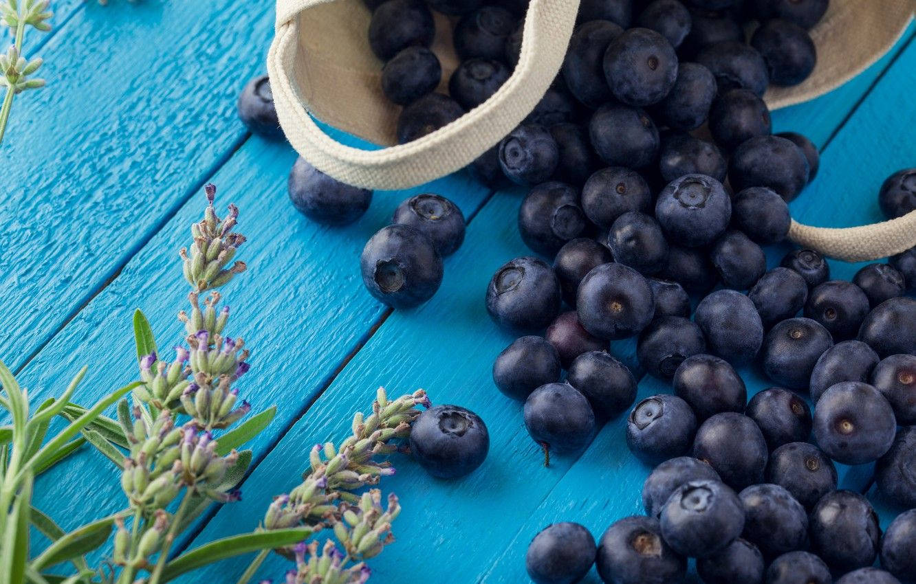 large blueberries, linen bag, vibrant blue wooden surface, HD Desktop Wallpaper