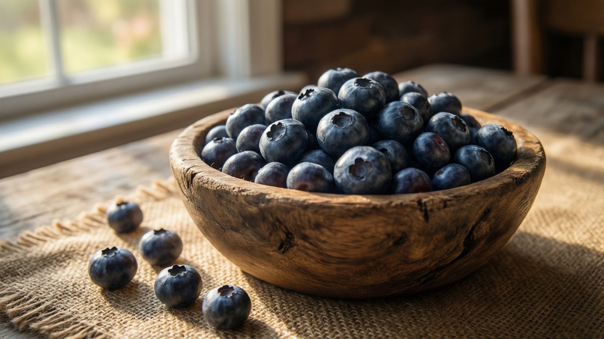 rustic wooden bowl, plump blueberries, burlap, Full HD Desktop Wallpaper