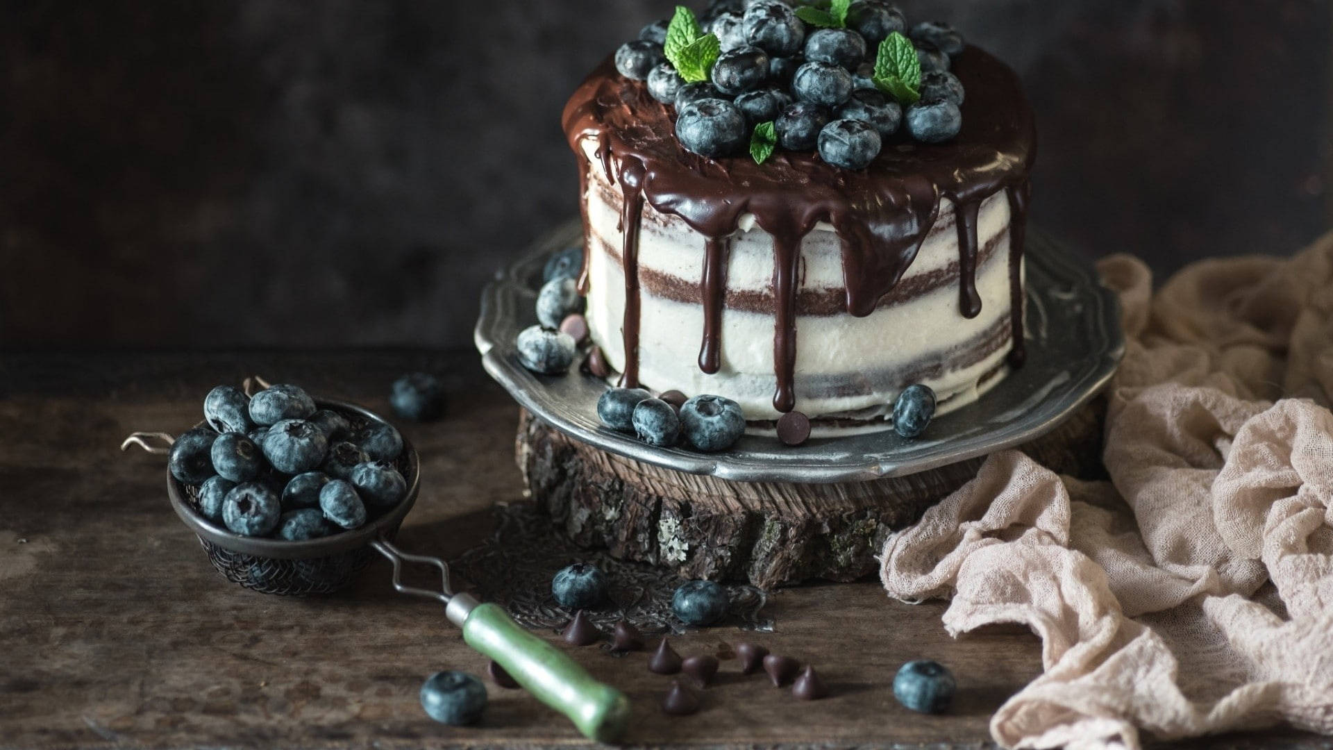 blueberry, chocolate, rustic wooden stand, Full HD Desktop Wallpaper