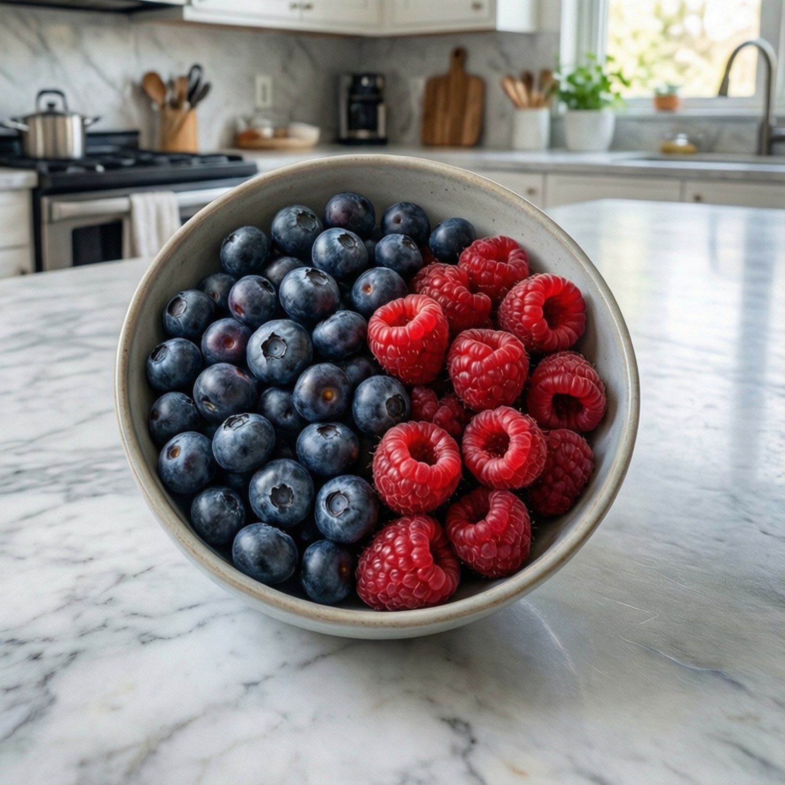 ceramic bowl, blueberries, raspberries, HD Desktop Wallpaper